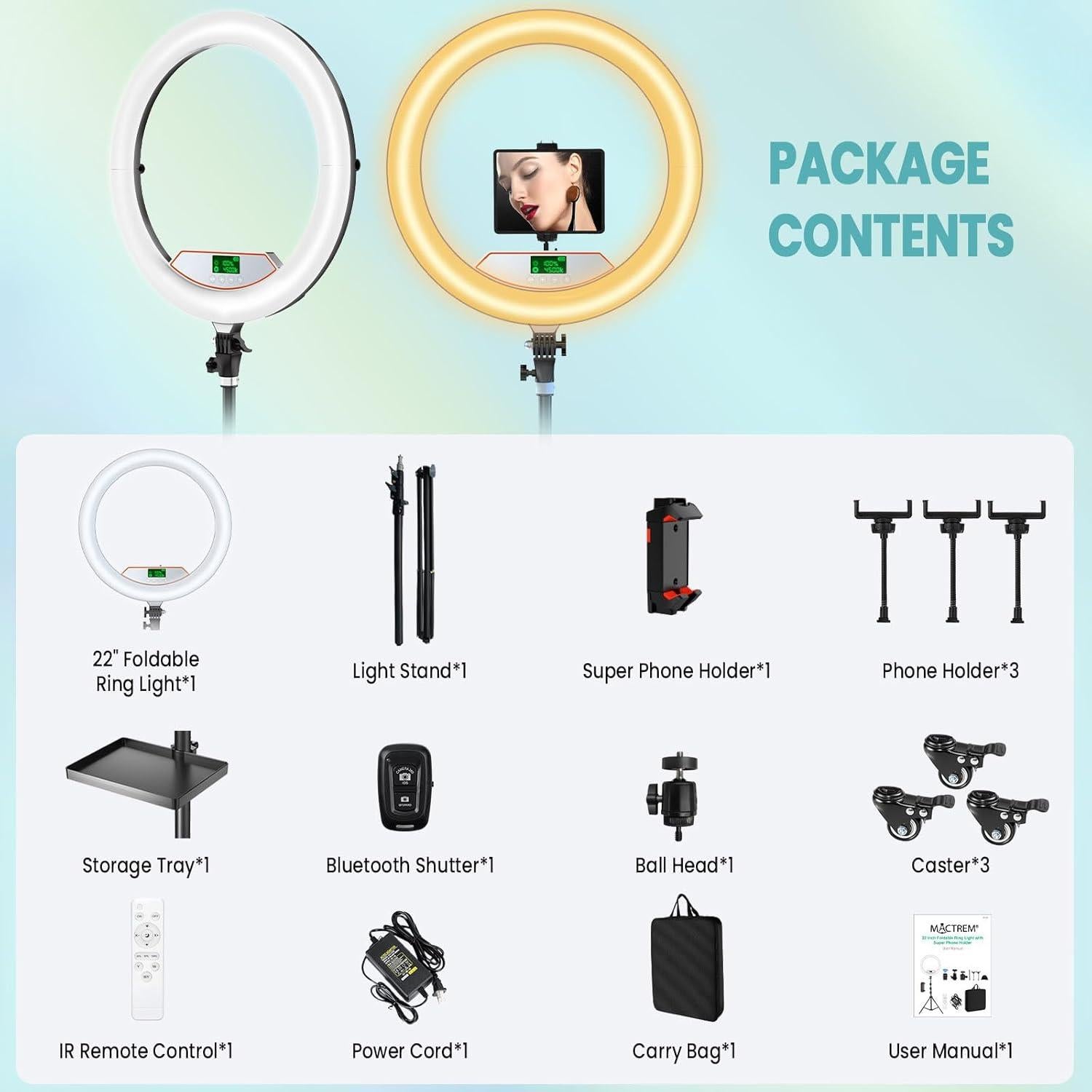 MACTREM 22" Foldable Ring Light with Stand for iPhone ipad, 75" Tripod with Wheels 50W 6500K LED Display/2 USB Ports Large Ringlight Rolling, Tattoo Barber Makeup Studio Video Photography Lighting