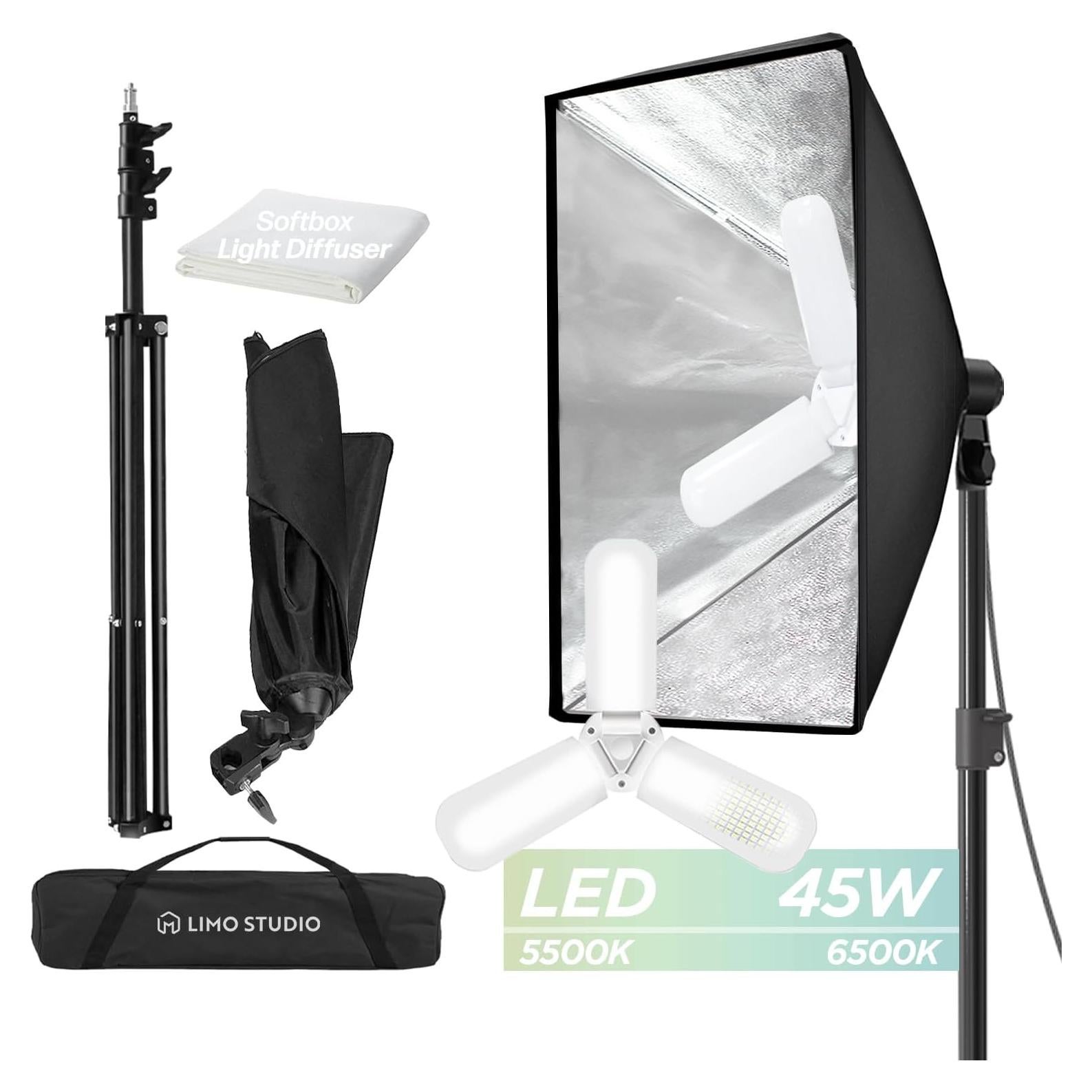 LimoStudio (LED Super Bright) 45W Next Gen. Foldable LED Bulb, 7600 Lumen, 6500K, 20 x 28 in Softbox, Upgraded 11 ft. Cable Light Socket, Photo Studio Lighting Kit, AGG3433