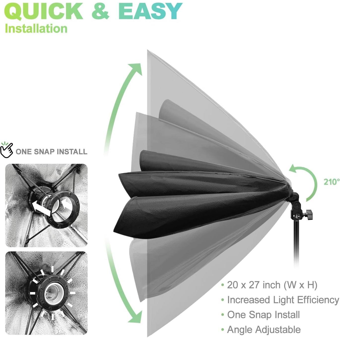 LimoStudio (LED Super Bright) 45W Next Gen. Foldable LED Bulb, 7600 Lumen, 6500K, 20 x 28 in Softbox, Upgraded 11 ft. Cable Light Socket, Photo Studio Lighting Kit, AGG3433