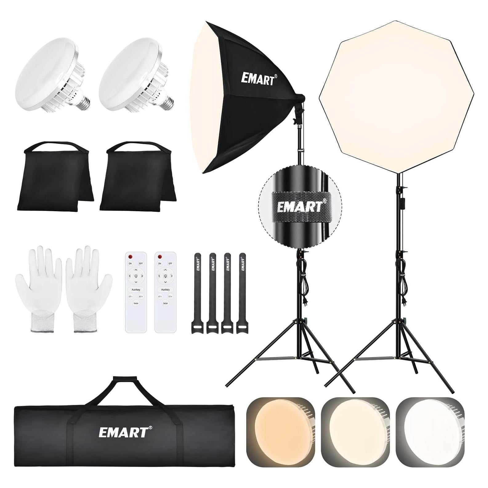 EMART Softbox Lighting Kit with Sandbag, 25.5" (65cm) Diameter Soft Box Lights with 2x135W 3000-6500K Remote Controlled LED Bulb, Photography Lighting Kit for Studio Video Recording, Filming, Portrait