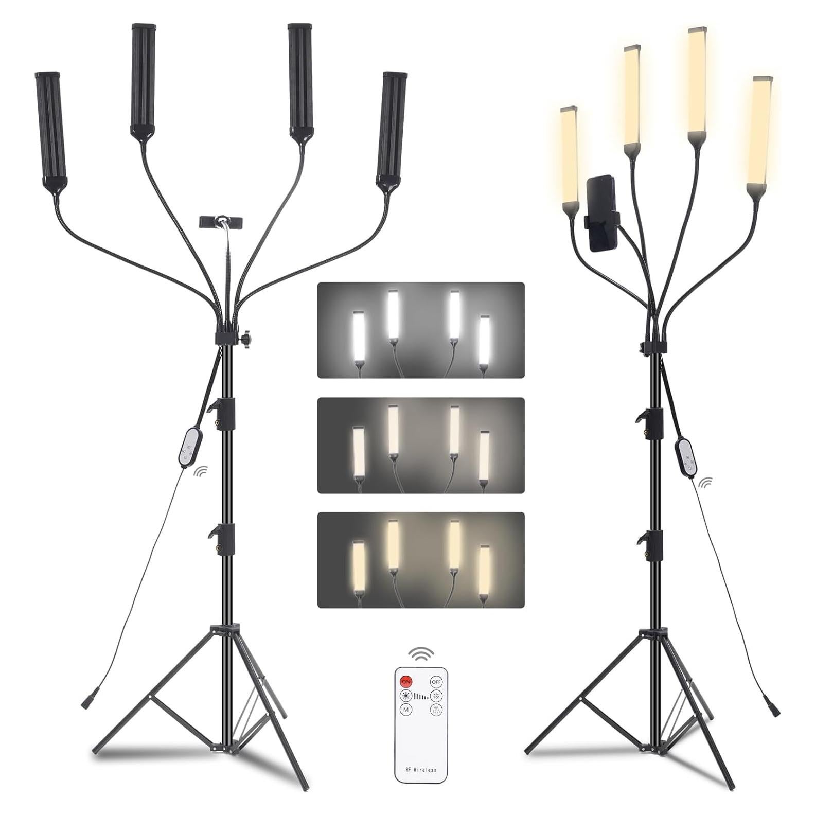 Four-arm LED Photography Light,with Tripod Light Stand and 2.4G Remote,2800k-6500k Fill Light for Live Stream Video Recording Eyebrow Tattoo Makeup YouTube Videos