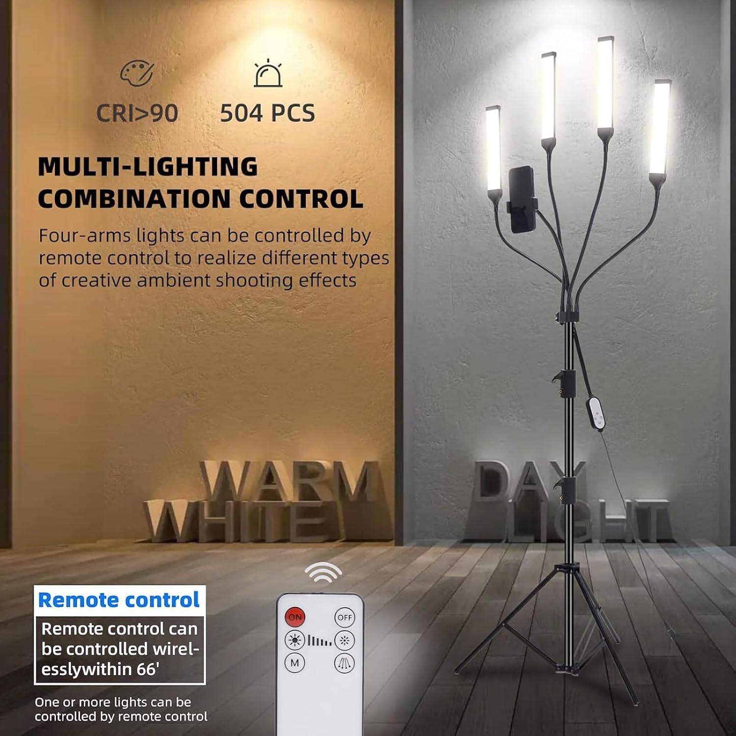 Four-arm LED Photography Light,with Tripod Light Stand and 2.4G Remote,2800k-6500k Fill Light for Live Stream Video Recording Eyebrow Tattoo Makeup YouTube Videos