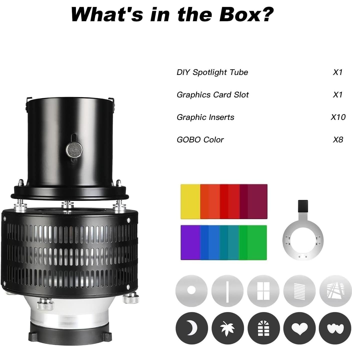 Kit Proyector Snoot Óptico Soonpho con 8 Gobos y 10 Filtros