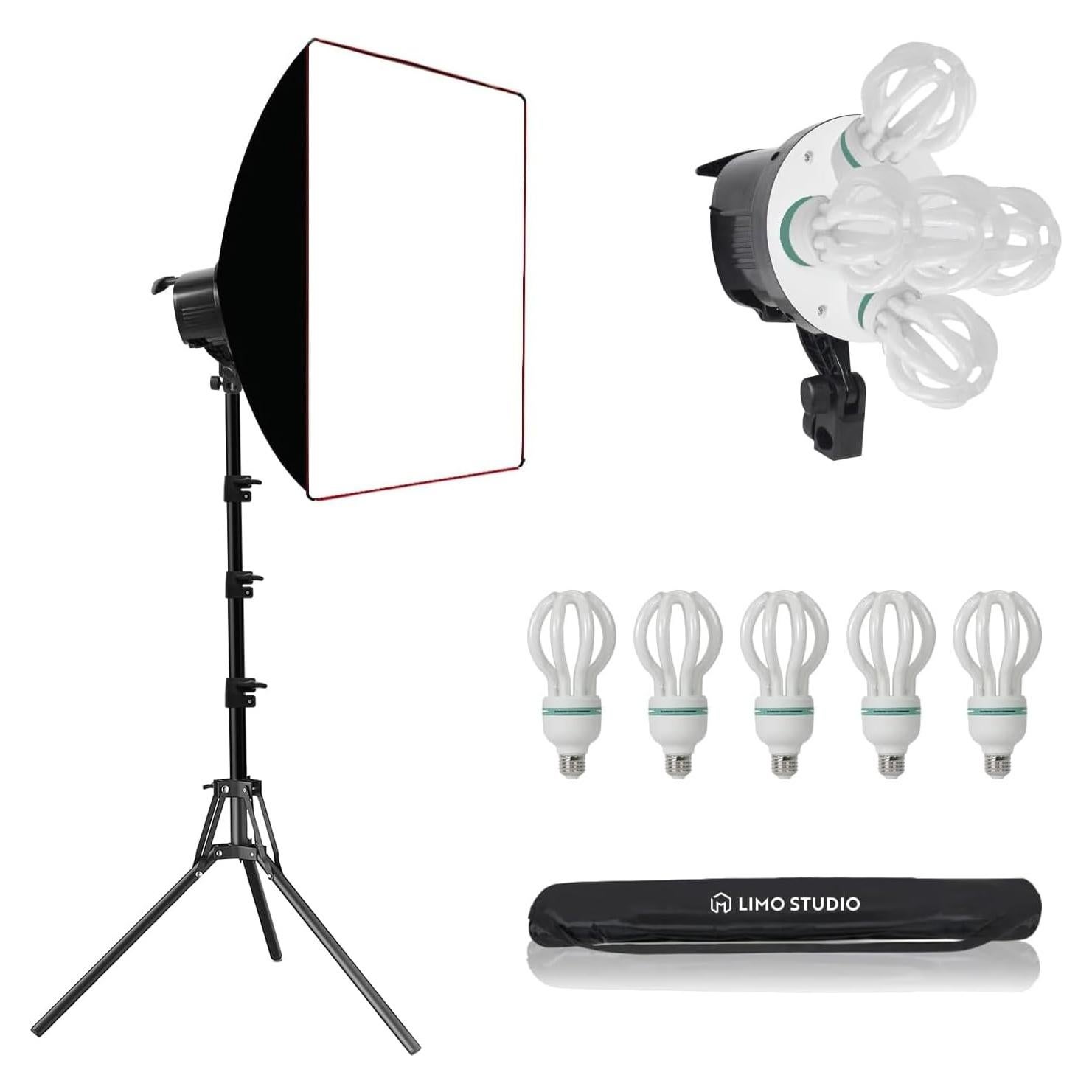 LimoStudio [3,000W Super Bright] 24 x 36 inch (W x H) Large Softbox with 15,000 Lumen / 5-Slot Bulb Socket Head Individual Control on Each Slot / 5 Pack 50W CFL Bulbs 5500K, Heavy Duty Stand, AGG2276