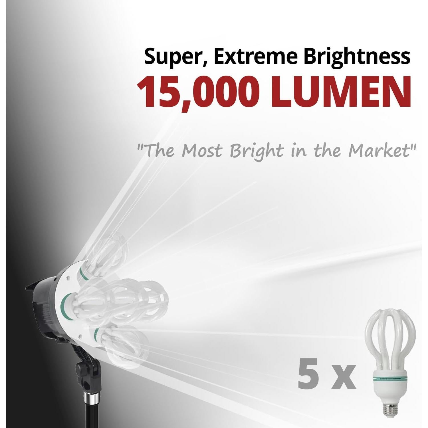 LimoStudio [3,000W Super Bright] 24 x 36 inch (W x H) Large Softbox with 15,000 Lumen / 5-Slot Bulb Socket Head Individual Control on Each Slot / 5 Pack 50W CFL Bulbs 5500K, Heavy Duty Stand, AGG2276