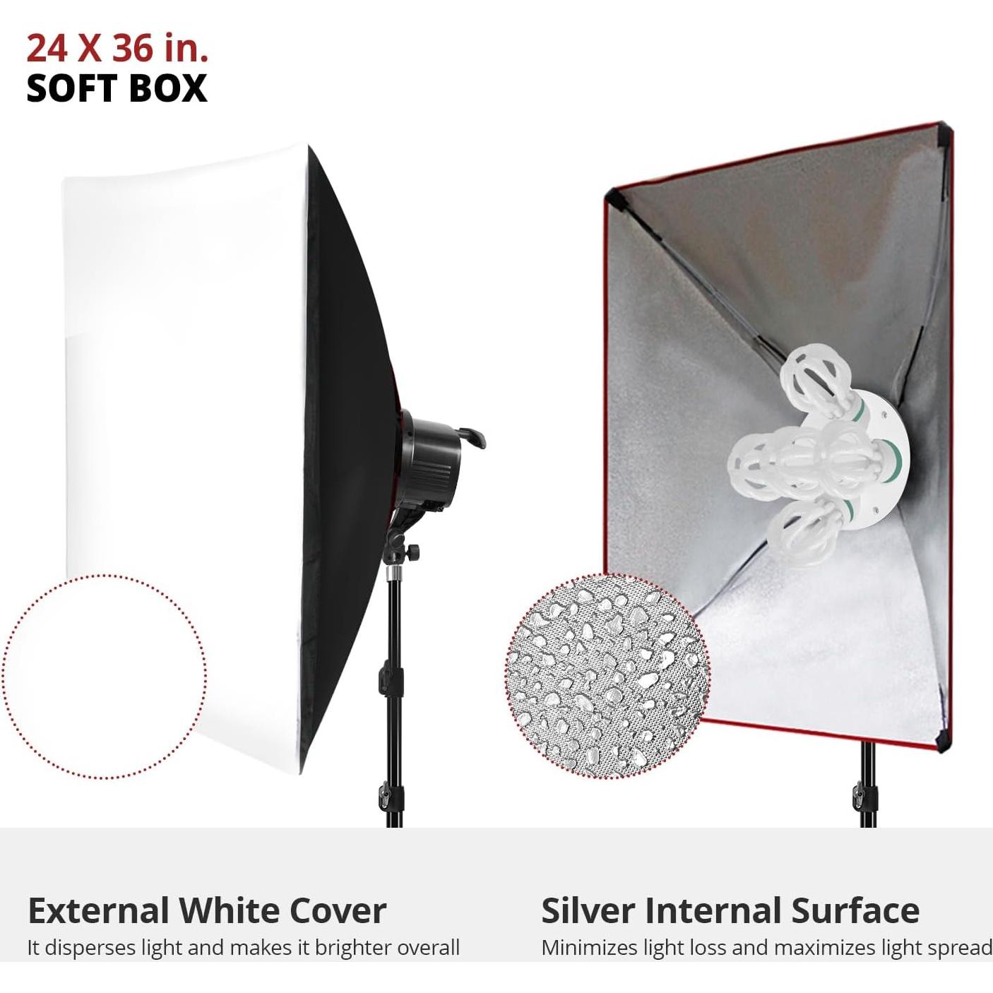 LimoStudio [3,000W Super Bright] 24 x 36 inch (W x H) Large Softbox with 15,000 Lumen / 5-Slot Bulb Socket Head Individual Control on Each Slot / 5 Pack 50W CFL Bulbs 5500K, Heavy Duty Stand, AGG2276