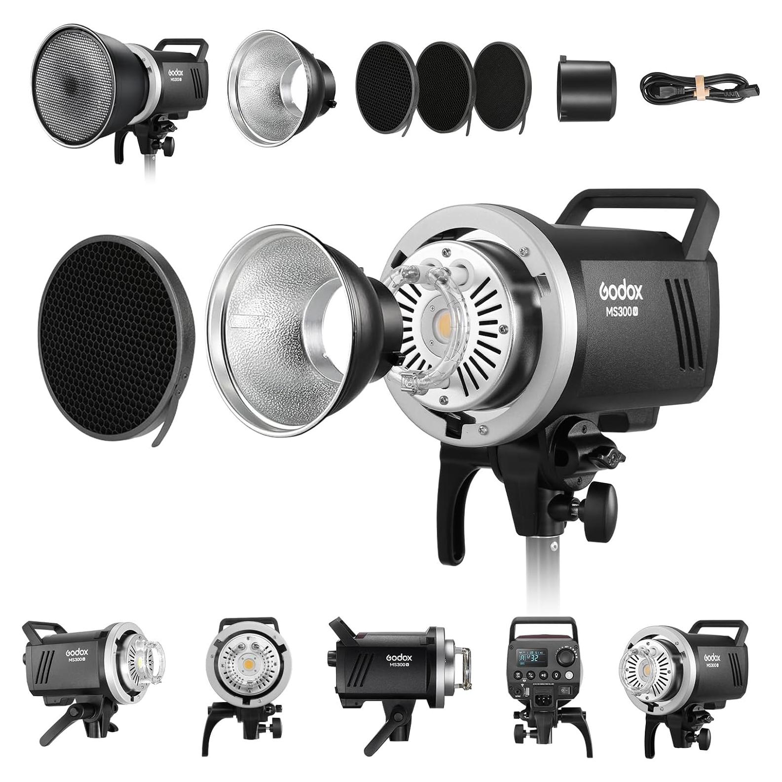 Godox MS300V 300Ws GN58 Compact Studio Strobe Flash Monolight with Bowens Mount Reflector Kit, Modeling Lamp 2.4G Wireless 5600K, 1.3s Recycle at Full Power (MS300 Upgraded Version 110 to 120V)