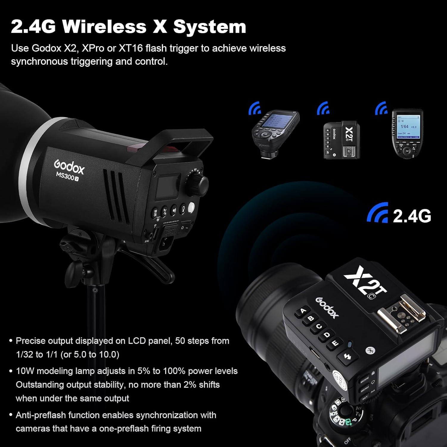 Godox MS300V 300Ws GN58 Compact Studio Strobe Flash Monolight with Bowens Mount Reflector Kit, Modeling Lamp 2.4G Wireless 5600K, 1.3s Recycle at Full Power (MS300 Upgraded Version 110 to 120V)