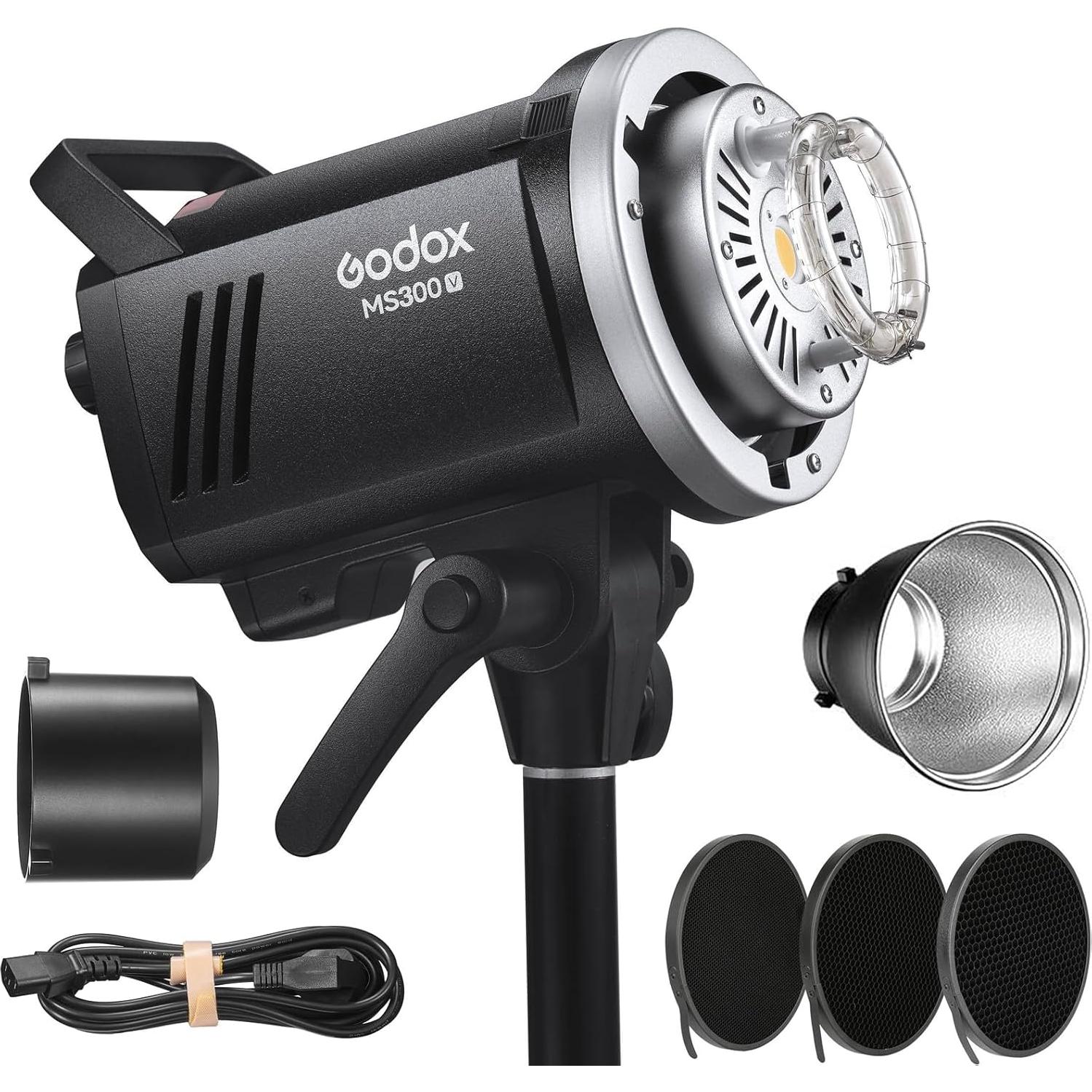 Godox MS300V 300Ws GN58 Compact Studio Strobe Flash Monolight with Bowens Mount Reflector Kit, Modeling Lamp 2.4G Wireless 5600K, 1.3s Recycle at Full Power (MS300 Upgraded Version 110 to 120V)