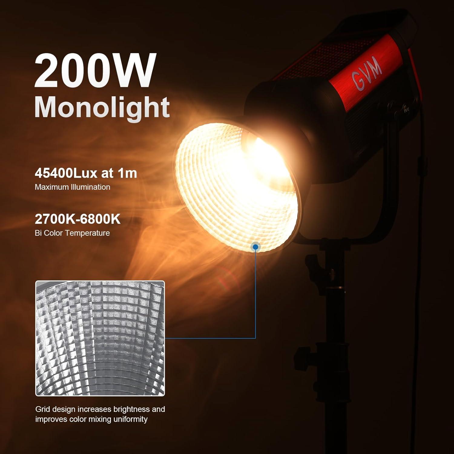 GVM 200W LED Video Light, PRO SD200B Photography Lighting Kit with Bluetooth Mesh Network/DMX Control, 2700K-6800K Studio Light Continuous Lighting Kit for YouTube,Film, 45400lux/1m, 12 Scene Effects