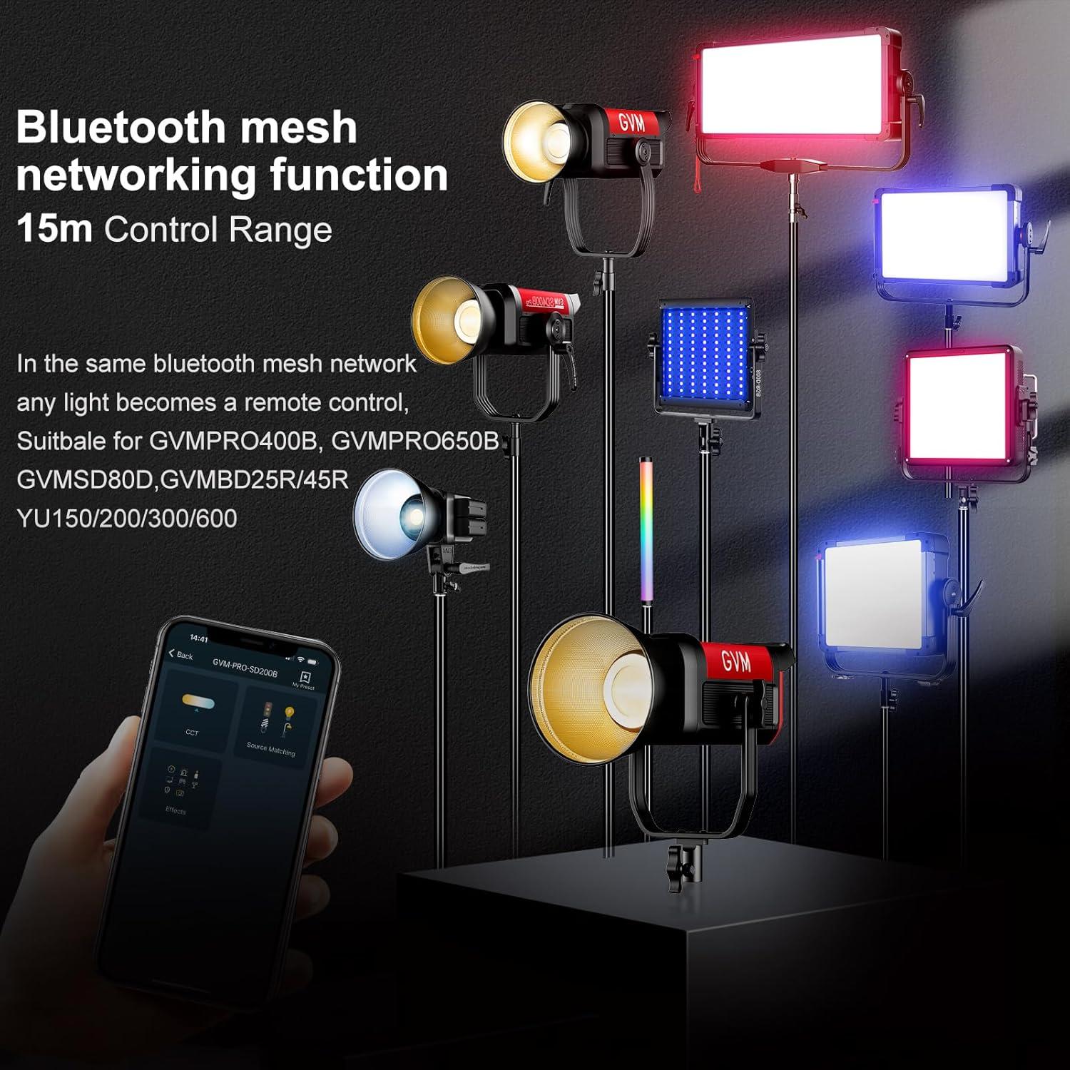 GVM 200W LED Video Light, PRO SD200B Photography Lighting Kit with Bluetooth Mesh Network/DMX Control, 2700K-6800K Studio Light Continuous Lighting Kit for YouTube,Film, 45400lux/1m, 12 Scene Effects