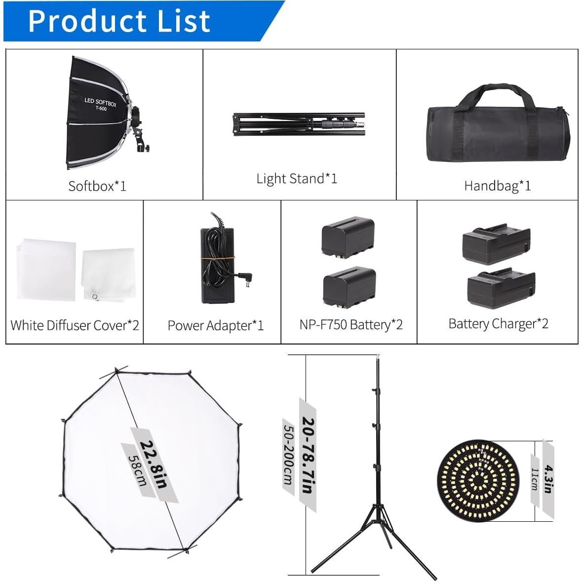 Kit de Luz LED Softbox Octagonal XPAISYQC 60cm con Batería