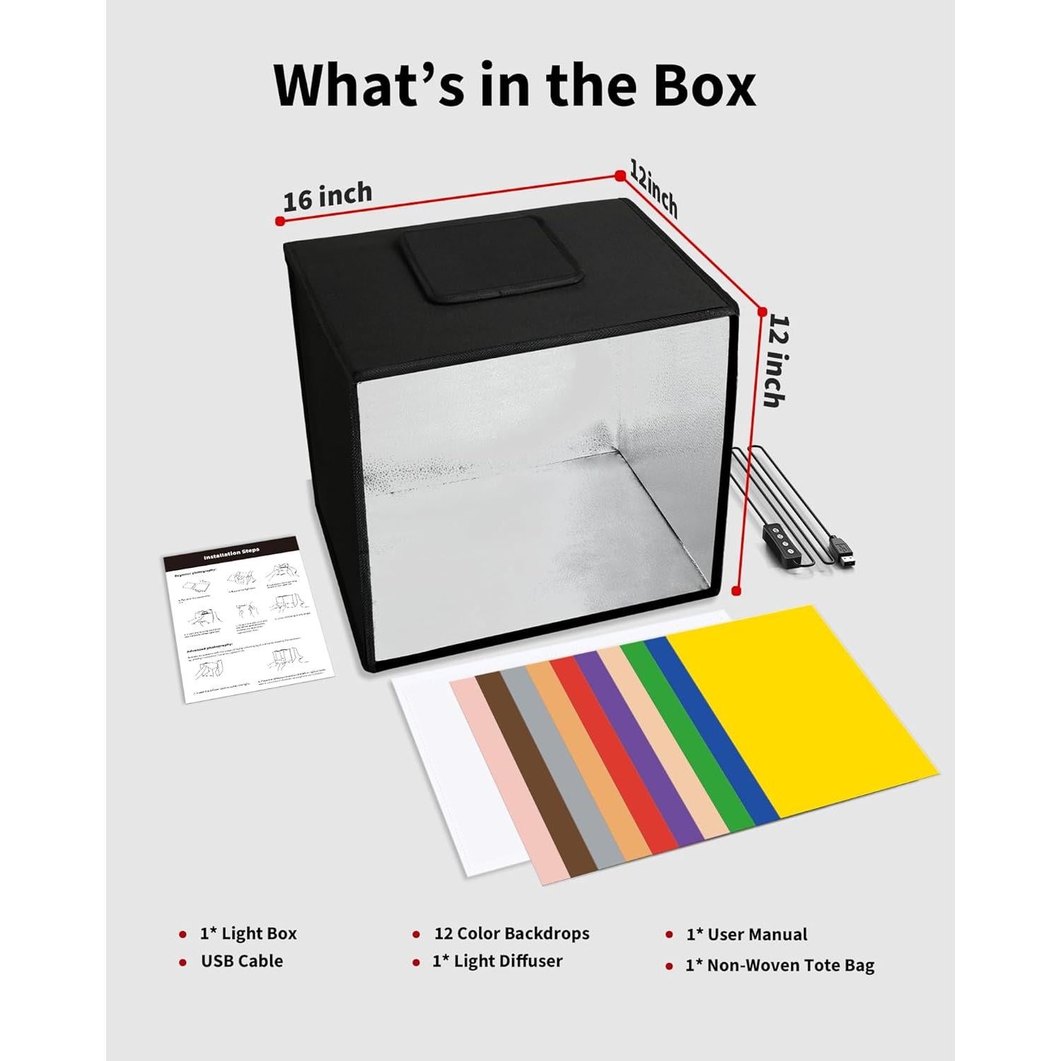 Glendan Portable Light Box Photography: 16"x12" Folding Photo Box with CRI >95 Dimmable 112 LEDs Lights - 12 Color Backdrops for Small Size Products Photography