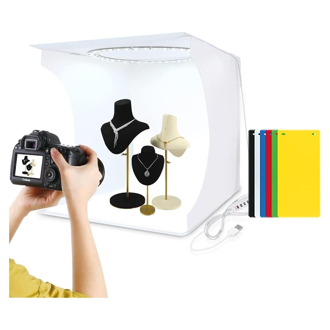 PULUZ Photo Studio Light Box 11.8''/30cm Adjustable Brightness Foldable Light Box Shooting Tent Kit with Ring Lights(128 LED Beads),6 Colors Backdrops for Items Photography