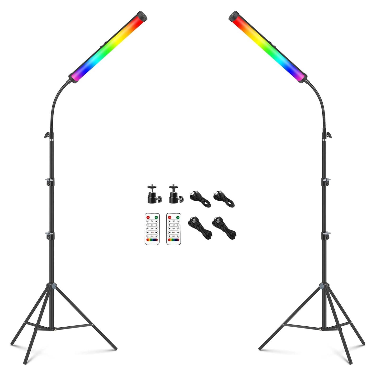 2 Pack RGB LED Video Light Wand Kit, QEUOOIY 360° Full Color 2500-9500K Led Photography Lighting Sticks with 32-77.6" Tripod, 5000mAh Rechargeable Battery &Magnet with Gooseneck Soft Tube for YouTube