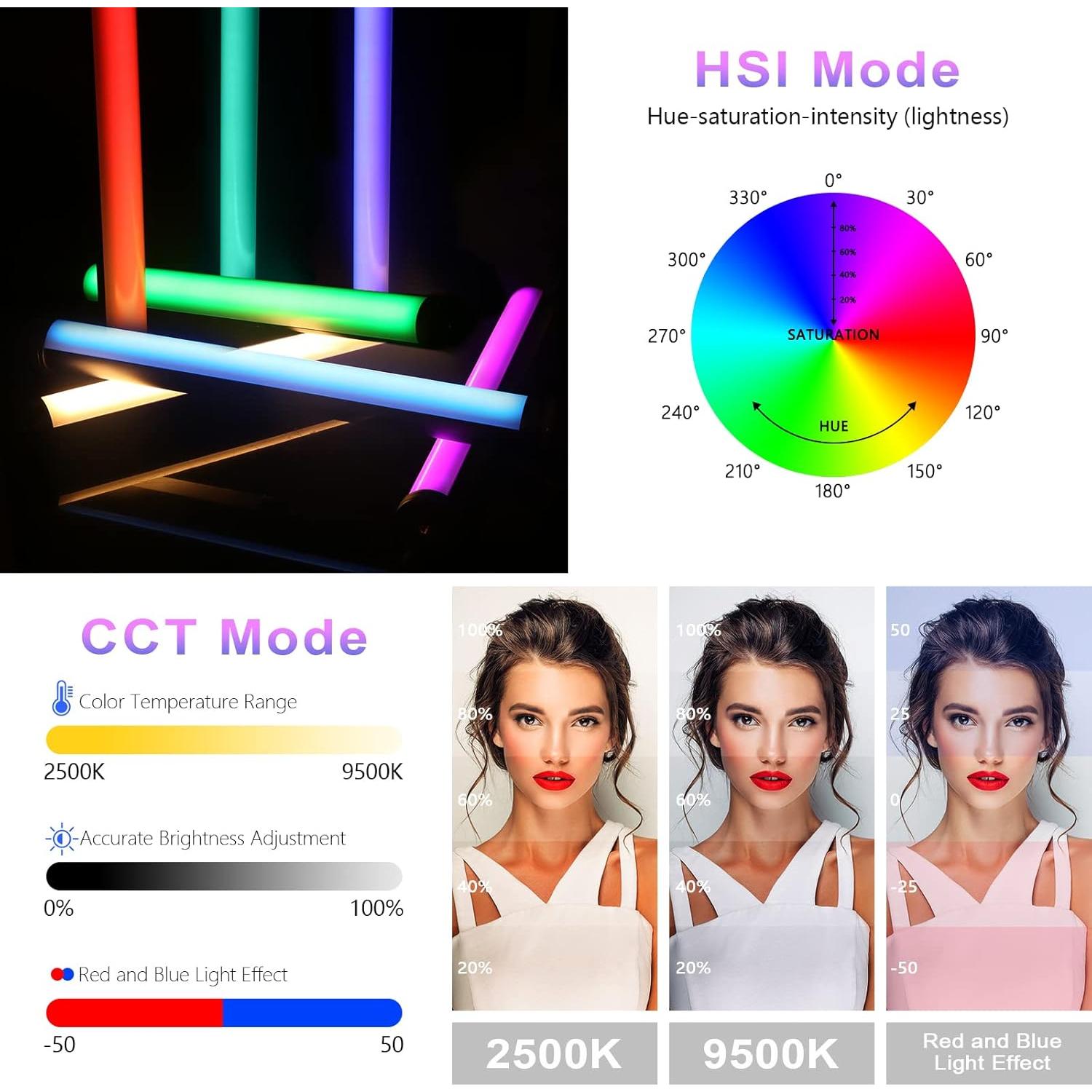 2 Pack RGB LED Video Light Wand Kit, QEUOOIY 360° Full Color 2500-9500K Led Photography Lighting Sticks with 32-77.6" Tripod, 5000mAh Rechargeable Battery &Magnet with Gooseneck Soft Tube for YouTube