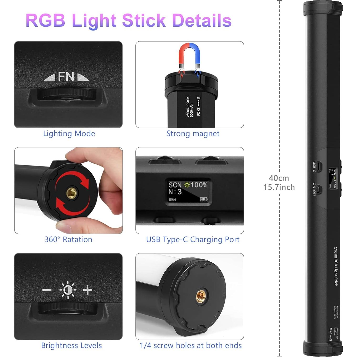 2 Pack RGB LED Video Light Wand Kit, QEUOOIY 360° Full Color 2500-9500K Led Photography Lighting Sticks with 32-77.6" Tripod, 5000mAh Rechargeable Battery &Magnet with Gooseneck Soft Tube for YouTube