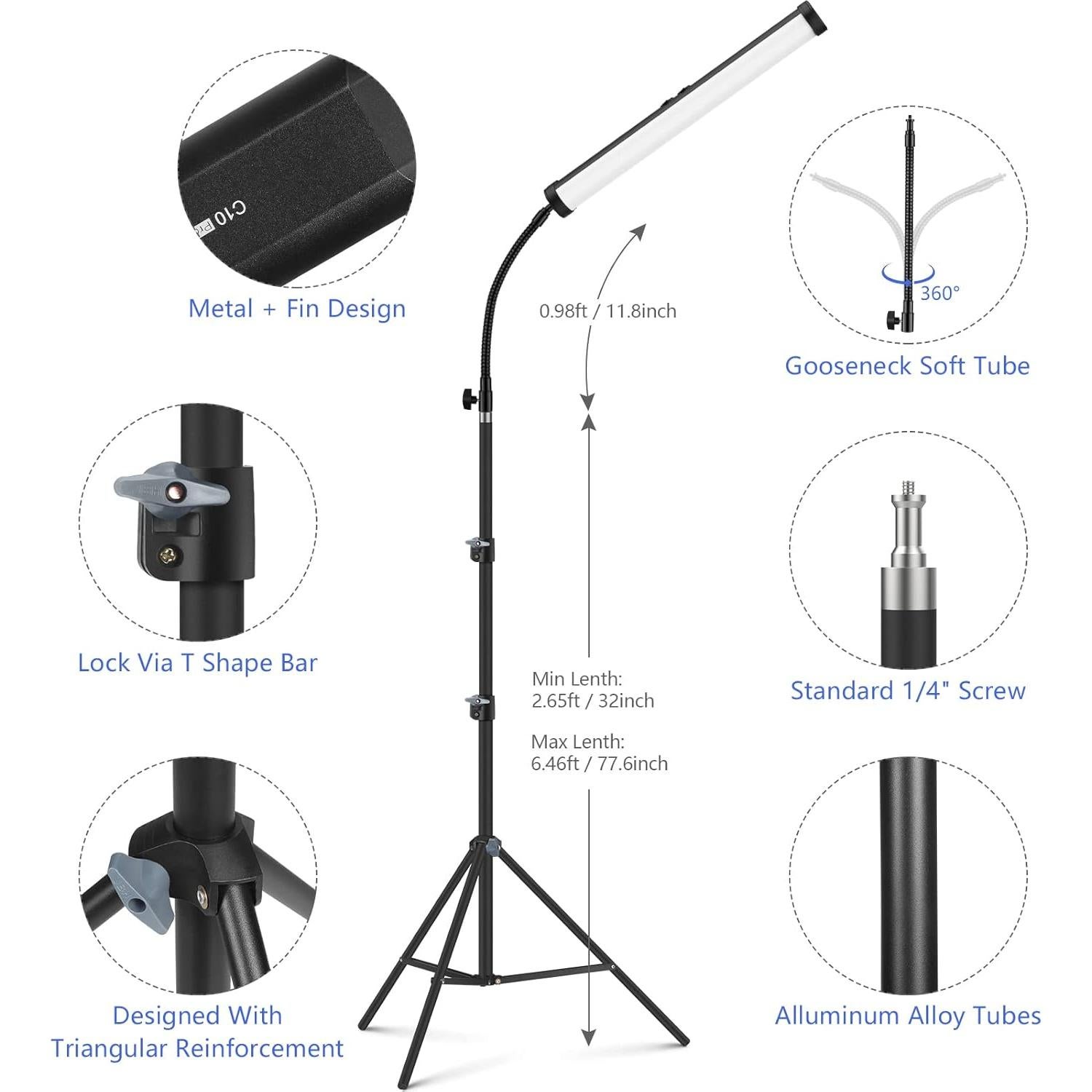 2 Pack RGB LED Video Light Wand Kit, QEUOOIY 360° Full Color 2500-9500K Led Photography Lighting Sticks with 32-77.6" Tripod, 5000mAh Rechargeable Battery &Magnet with Gooseneck Soft Tube for YouTube