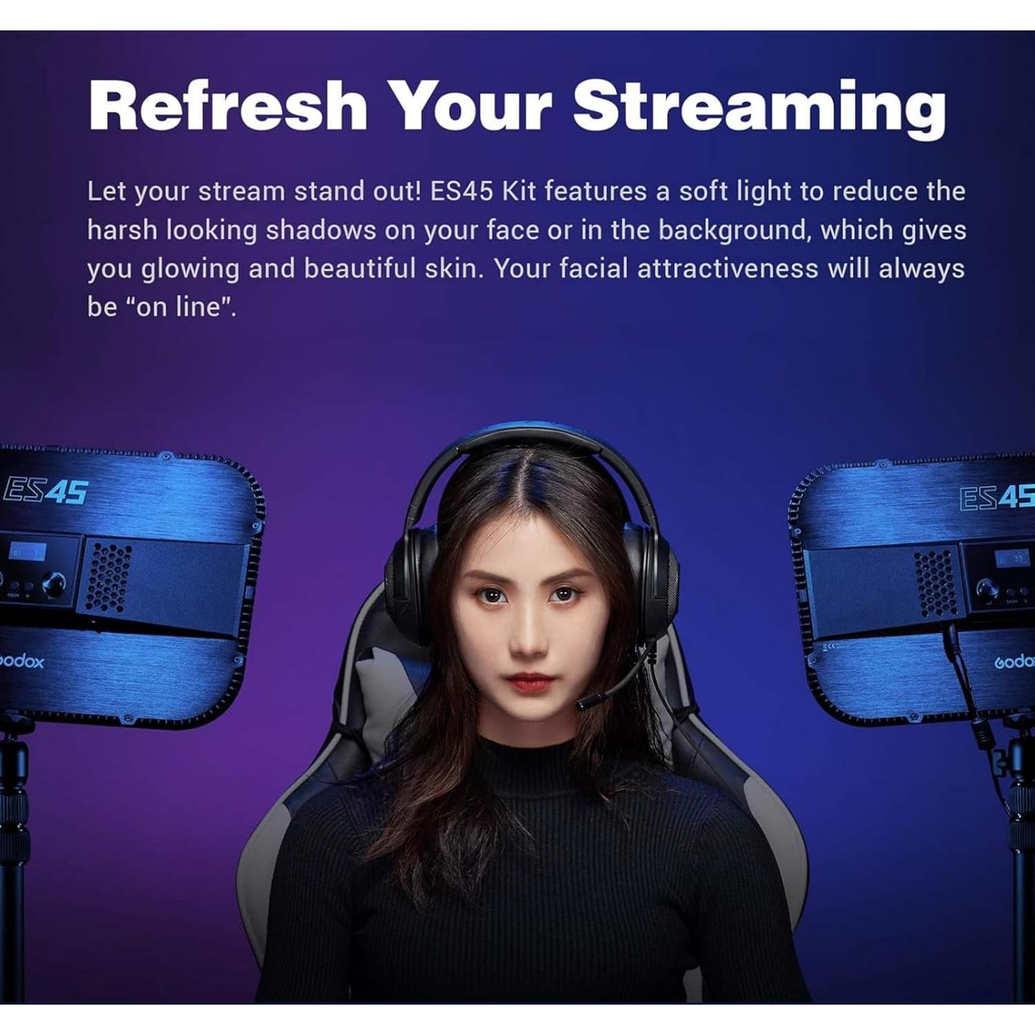 Godox ES45 Key Light, LED Video Light with Extendable Desk Stand, 0-100% Brightness & 2800-6500k Color Temperature Adjustment, APP/Remote Control, Soft Light Panel for Streaming, Zoom Calls, YouTube