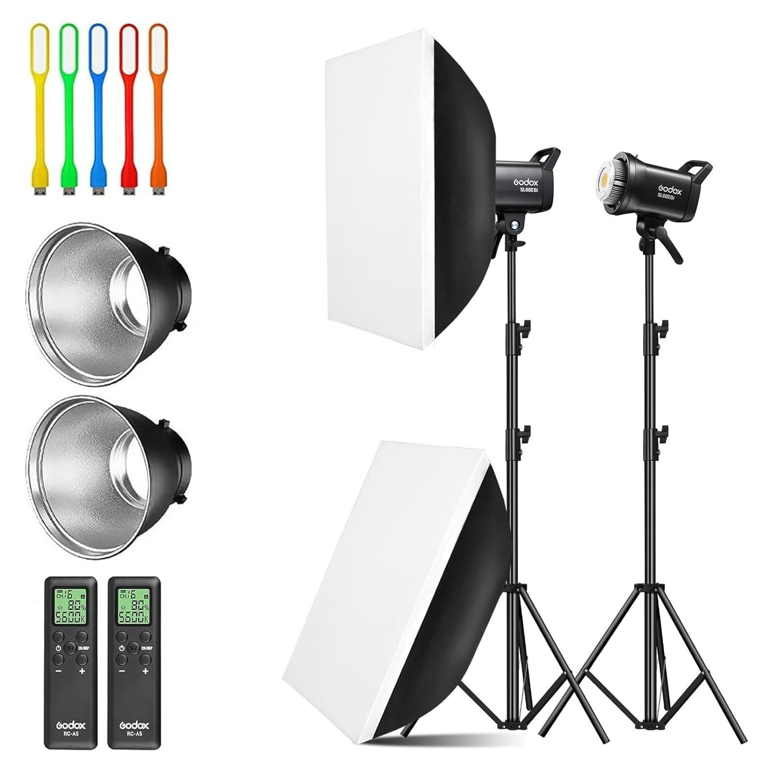 Godox 2 Pack SL-60II bi 120W CRI95+ Bi-Color Continuous Output Lighting LED Video Light Bowens Mount Kit for YouTube, Video, Studio, Children Photography, Wedding Shooting with Softbox, Light Stand