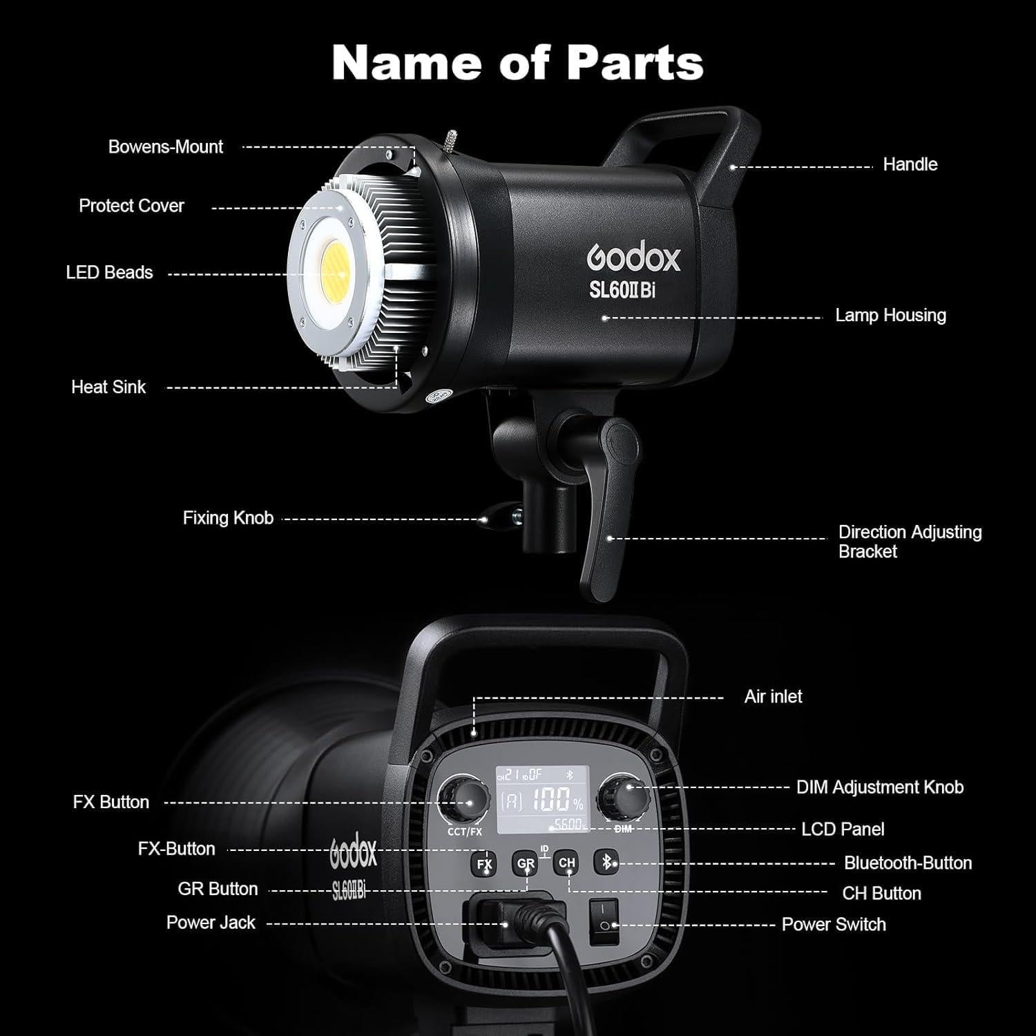 Godox 2 Pack SL-60II bi 120W CRI95+ Bi-Color Continuous Output Lighting LED Video Light Bowens Mount Kit for YouTube, Video, Studio, Children Photography, Wedding Shooting with Softbox, Light Stand