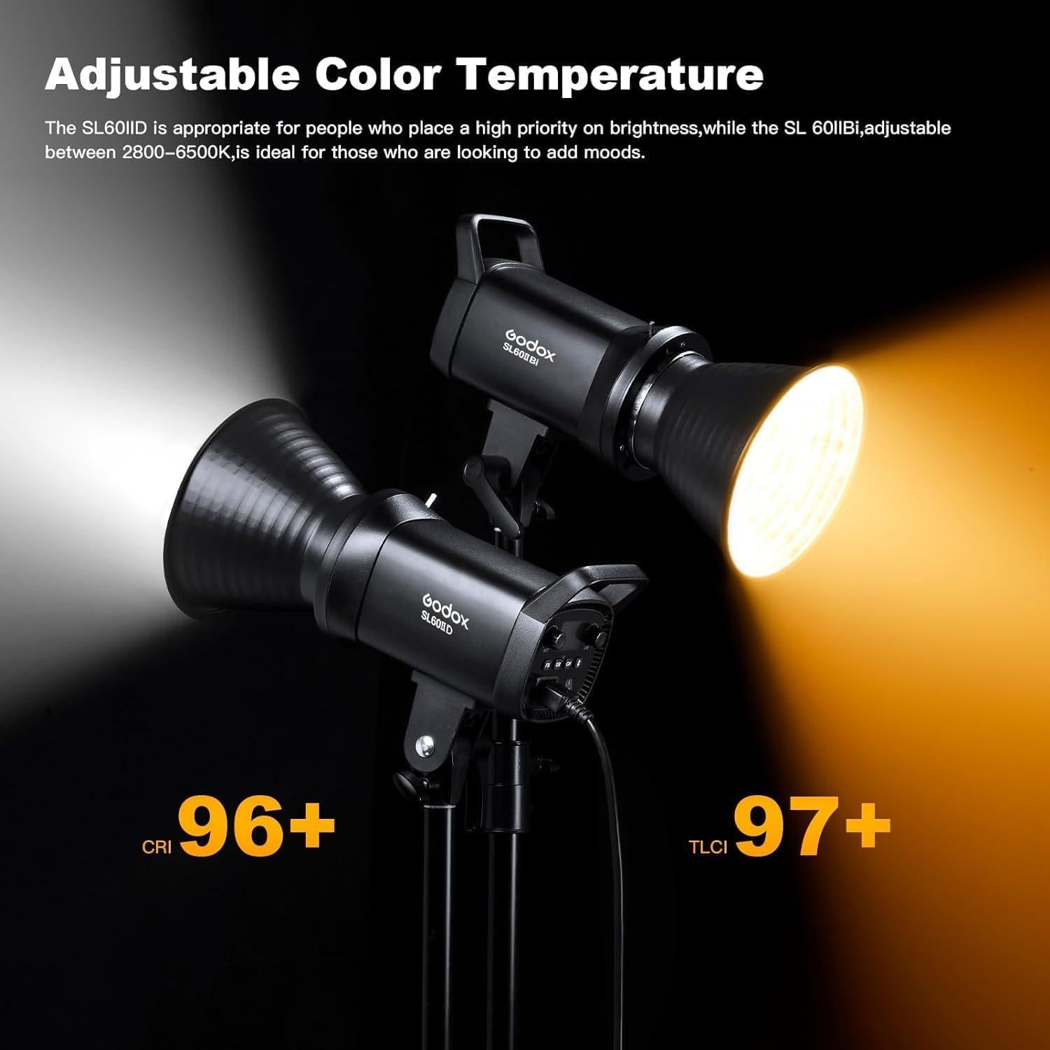 Godox 2 Pack SL-60II bi 120W CRI95+ Bi-Color Continuous Output Lighting LED Video Light Bowens Mount Kit for YouTube, Video, Studio, Children Photography, Wedding Shooting with Softbox, Light Stand