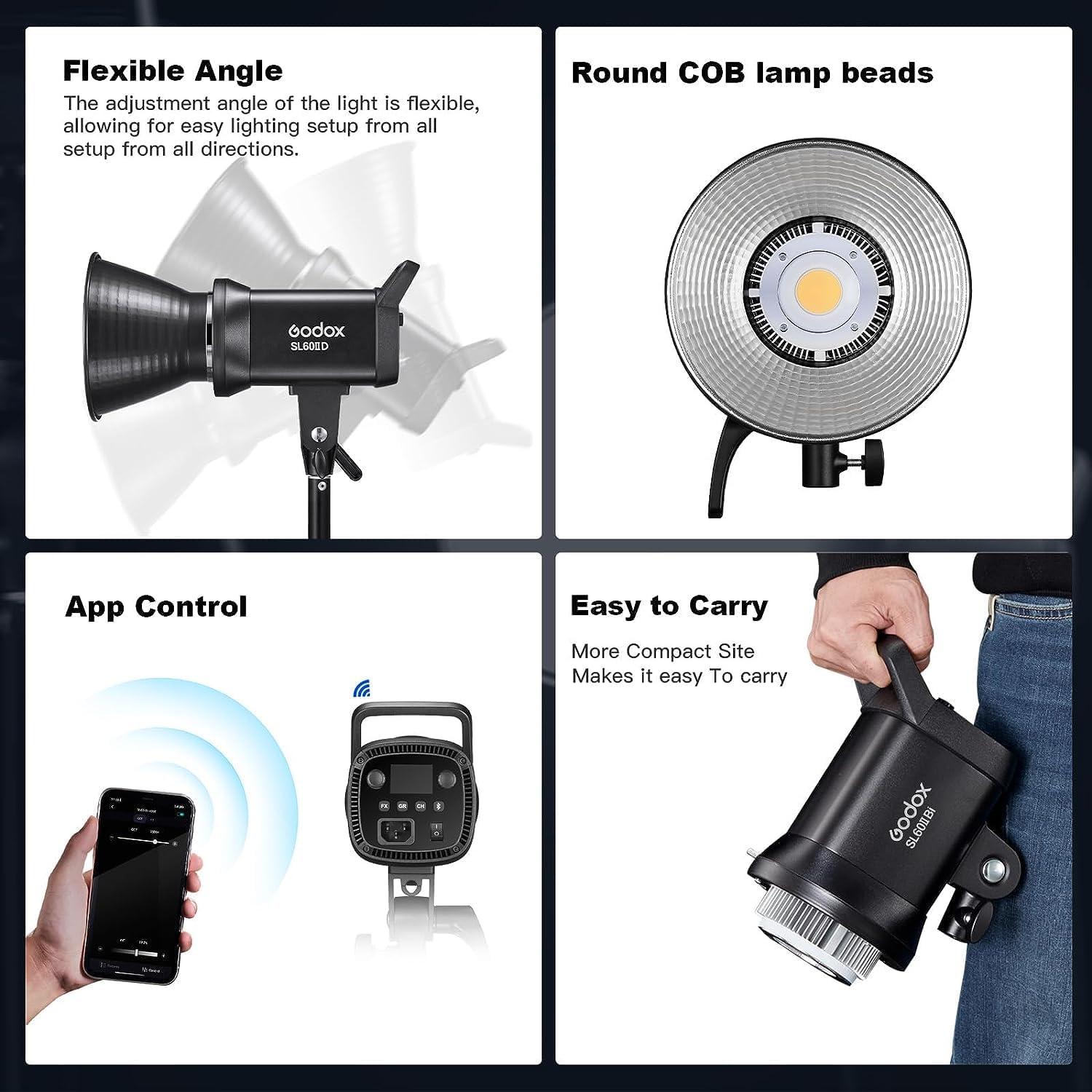 Godox 2 Pack SL-60II bi 120W CRI95+ Bi-Color Continuous Output Lighting LED Video Light Bowens Mount Kit for YouTube, Video, Studio, Children Photography, Wedding Shooting with Softbox, Light Stand