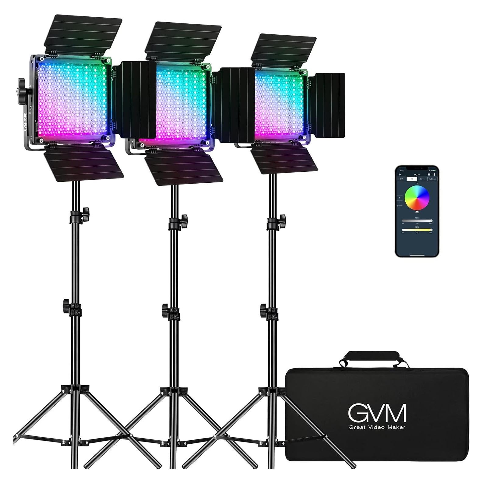 GVM RGB Video Lighting, 360° Full Color Led Video Light with APP Control, 3 Packs 850D Photography Lighting Kit CRI 97, YouTube, Aluminum Alloy Shell
