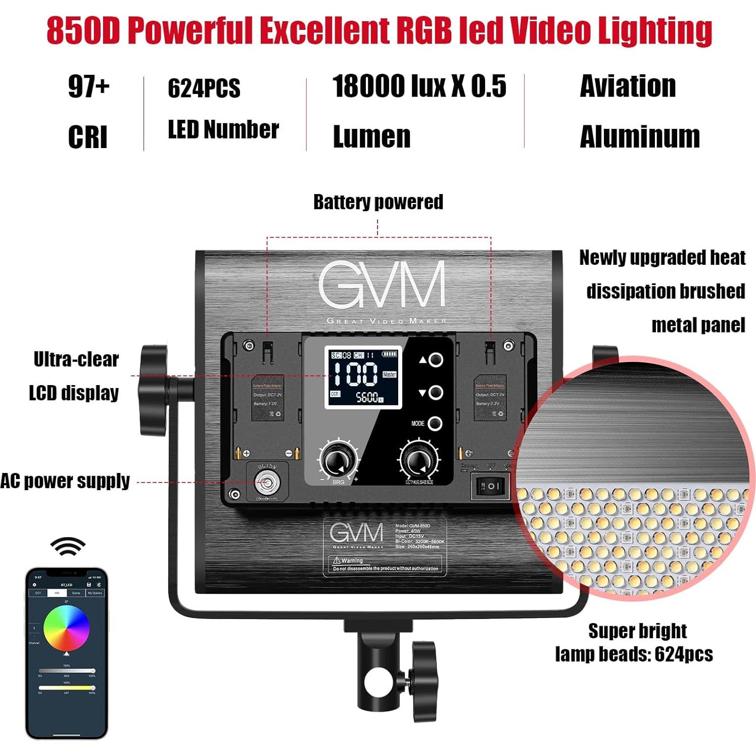 GVM RGB Video Lighting, 360° Full Color Led Video Light with APP Control, 3 Packs 850D Photography Lighting Kit CRI 97, YouTube, Aluminum Alloy Shell