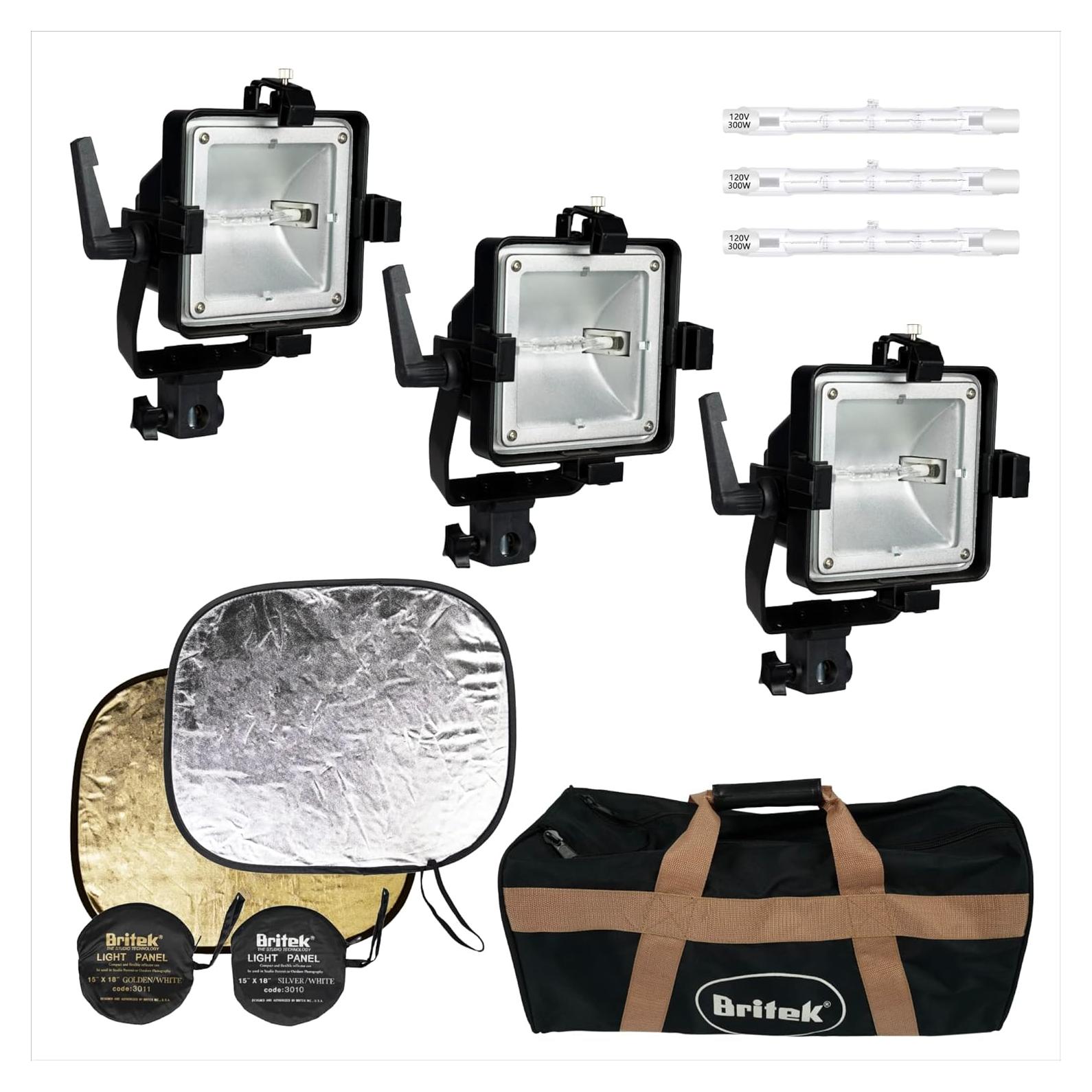 BRITEK 900W Halogen Studio Light Kit, 2700K Warm Color Temperature (1950W MAX) Non-Dimmable - Included Carrying Bag with Leather Handle