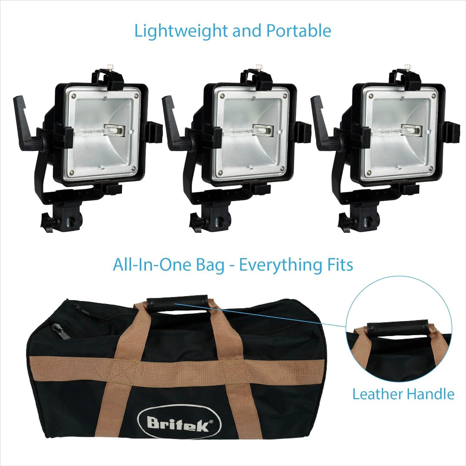 BRITEK 900W Halogen Studio Light Kit, 2700K Warm Color Temperature (1950W MAX) Non-Dimmable - Included Carrying Bag with Leather Handle