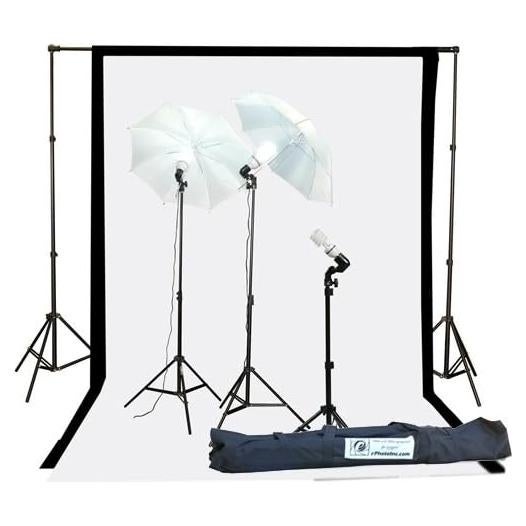 Fancierstudio 1000watt Lighting Kit Black White Muslin Backdrop and background stand kit By Fancierstudio K105BW