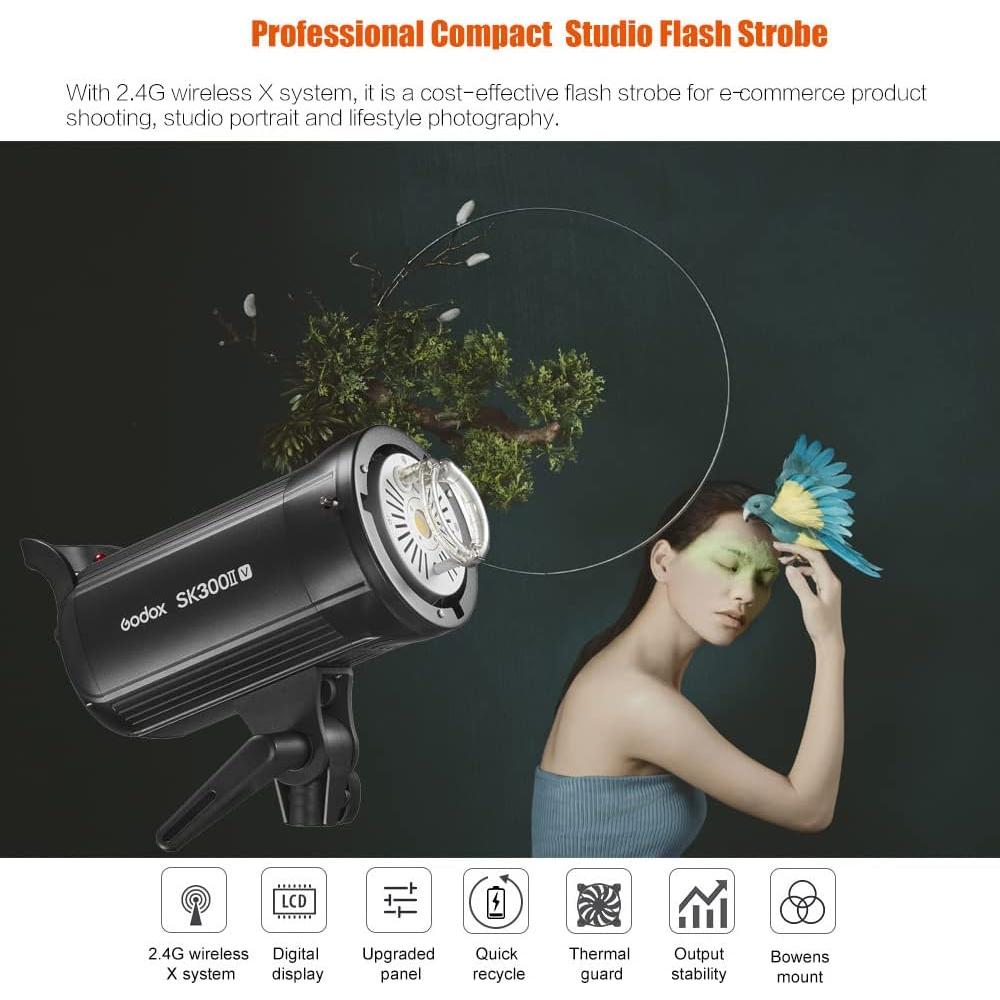 Godox SK300II-V Upgraded Studio Flash Light 300Ws Power GN58 5600±200K Strobe Light with LED Modeling Lamp Bowens Mount Photography Flashes for Advertising Photography