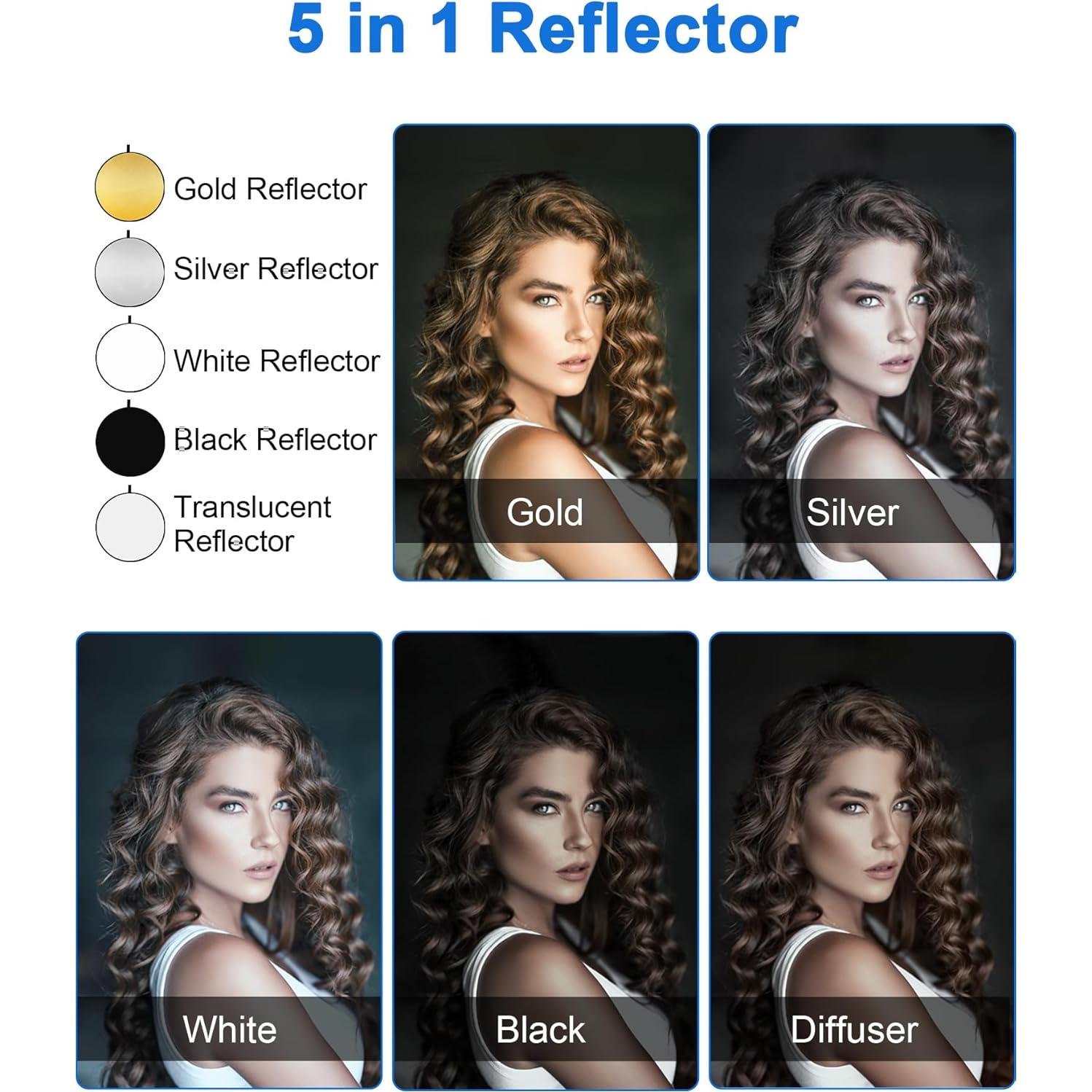 Selens Portable 43inch/110cm Light Reflector with Clamp,5 in 1 Collapsible Multi Disc Photography Reflector Translucent,Silver,Gold,White,Black for Studio Photography Lighting and Outdoor Lighting