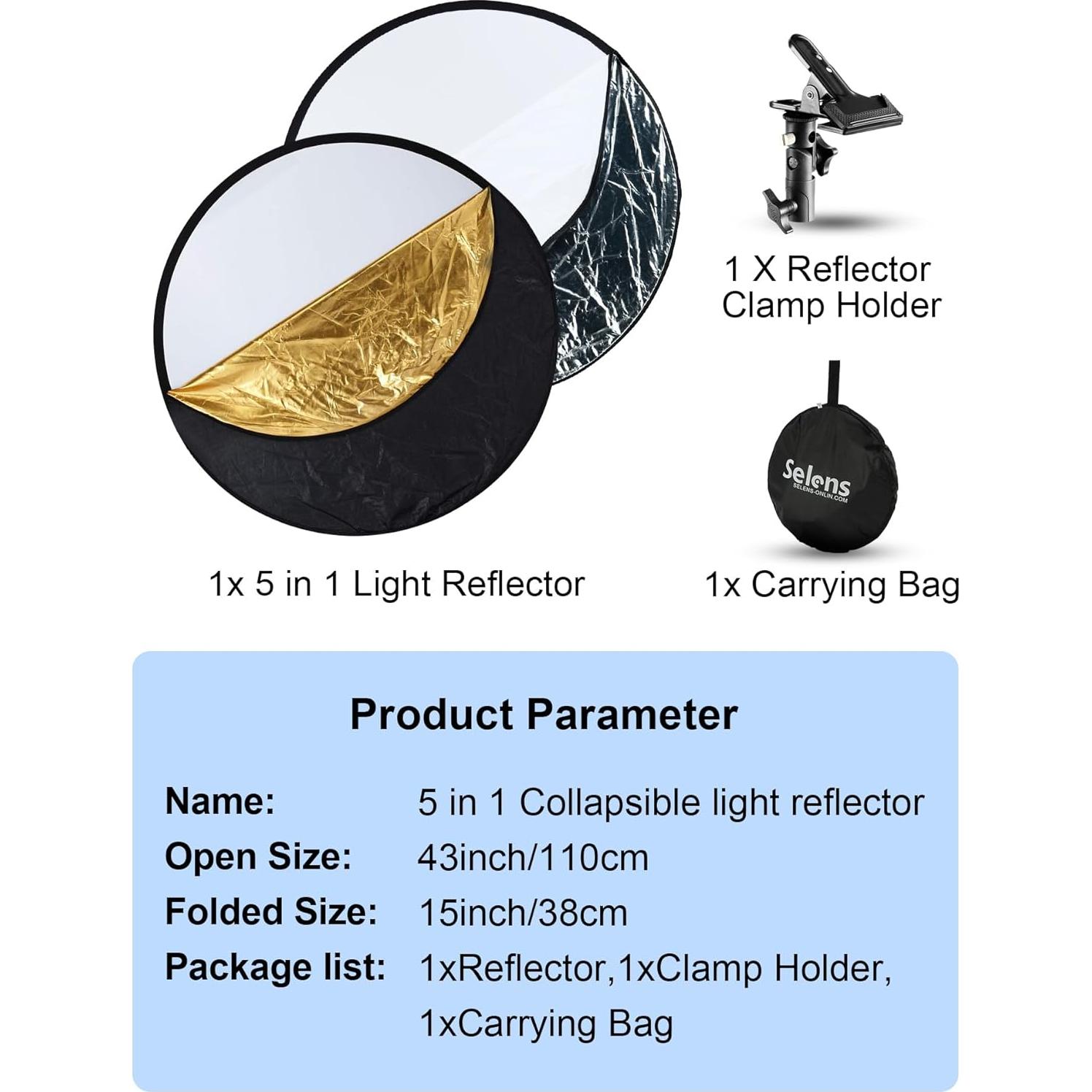 Selens Portable 43inch/110cm Light Reflector with Clamp,5 in 1 Collapsible Multi Disc Photography Reflector Translucent,Silver,Gold,White,Black for Studio Photography Lighting and Outdoor Lighting