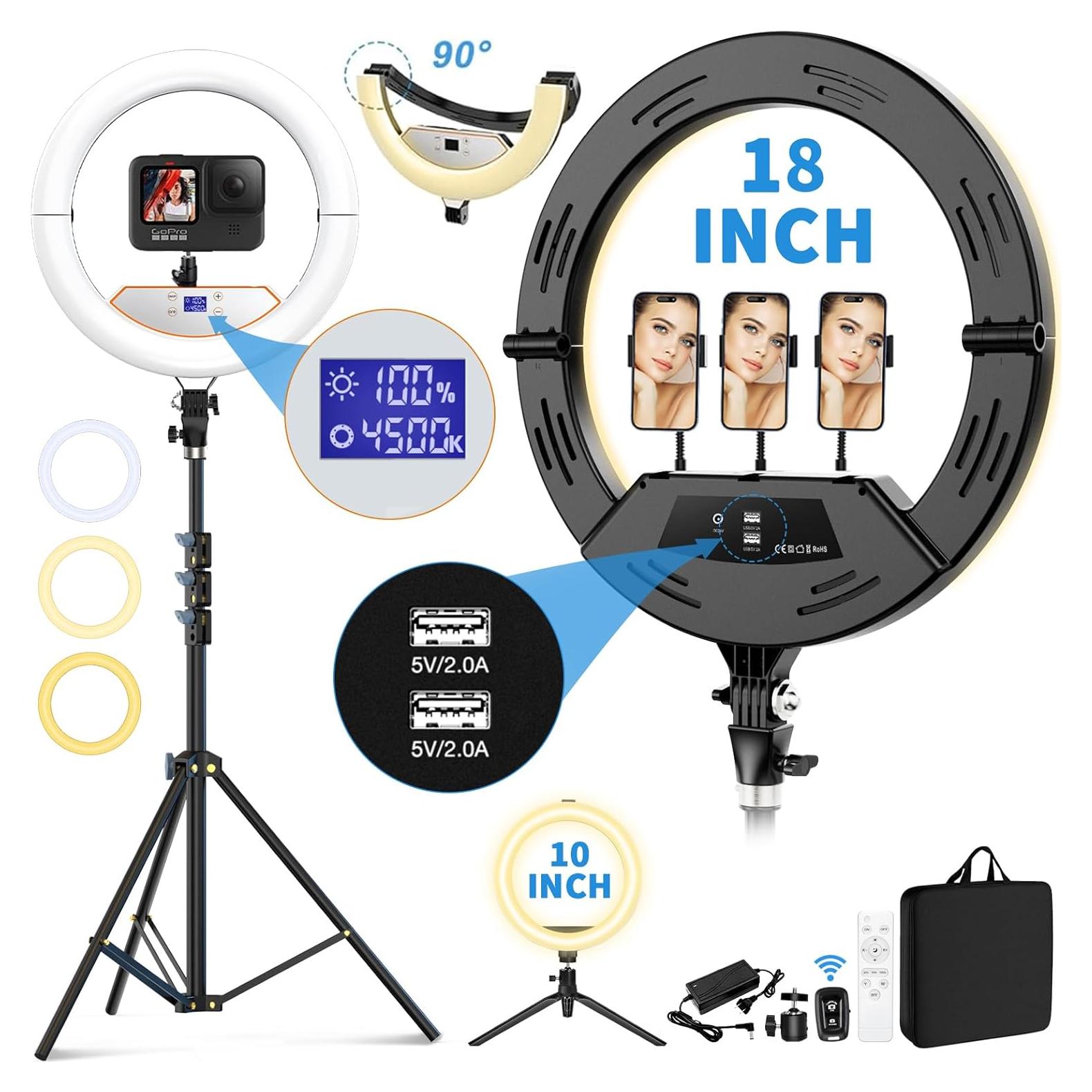 18 inch Ring Light with Stand+10 inch Light,Foldable Large Ring Light for ipad iPhone,LCD Display/4 Clips/2 USB Ports,2700-6500K with Tripod for Tattoo Lash Barber Makeup Photography Lighting