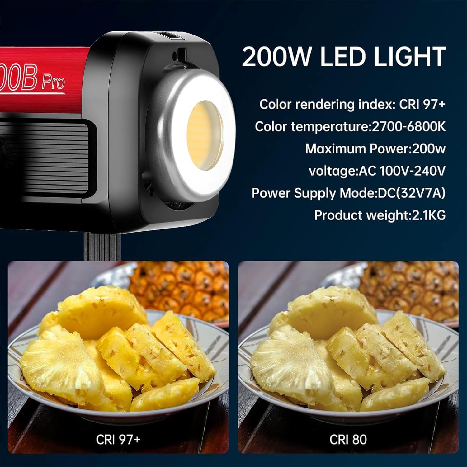 200W Video Light Kit, LED Video Light Studio, Bluetooth Mesh Network/DMX Control, 45400lux/1m Continuous Lighting, 12 Lighting Effects, 2700K-6800K