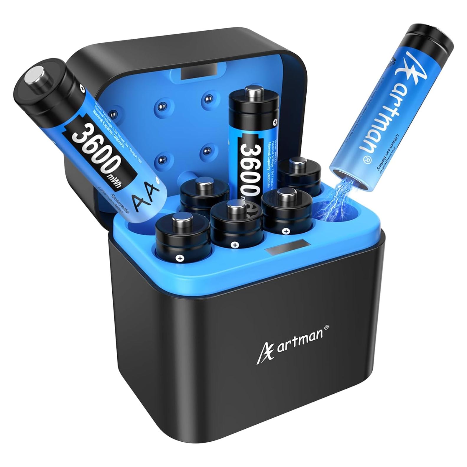 Baterías Recargables AA Artman 3600mWh Cargador USB-C 8 Pzas