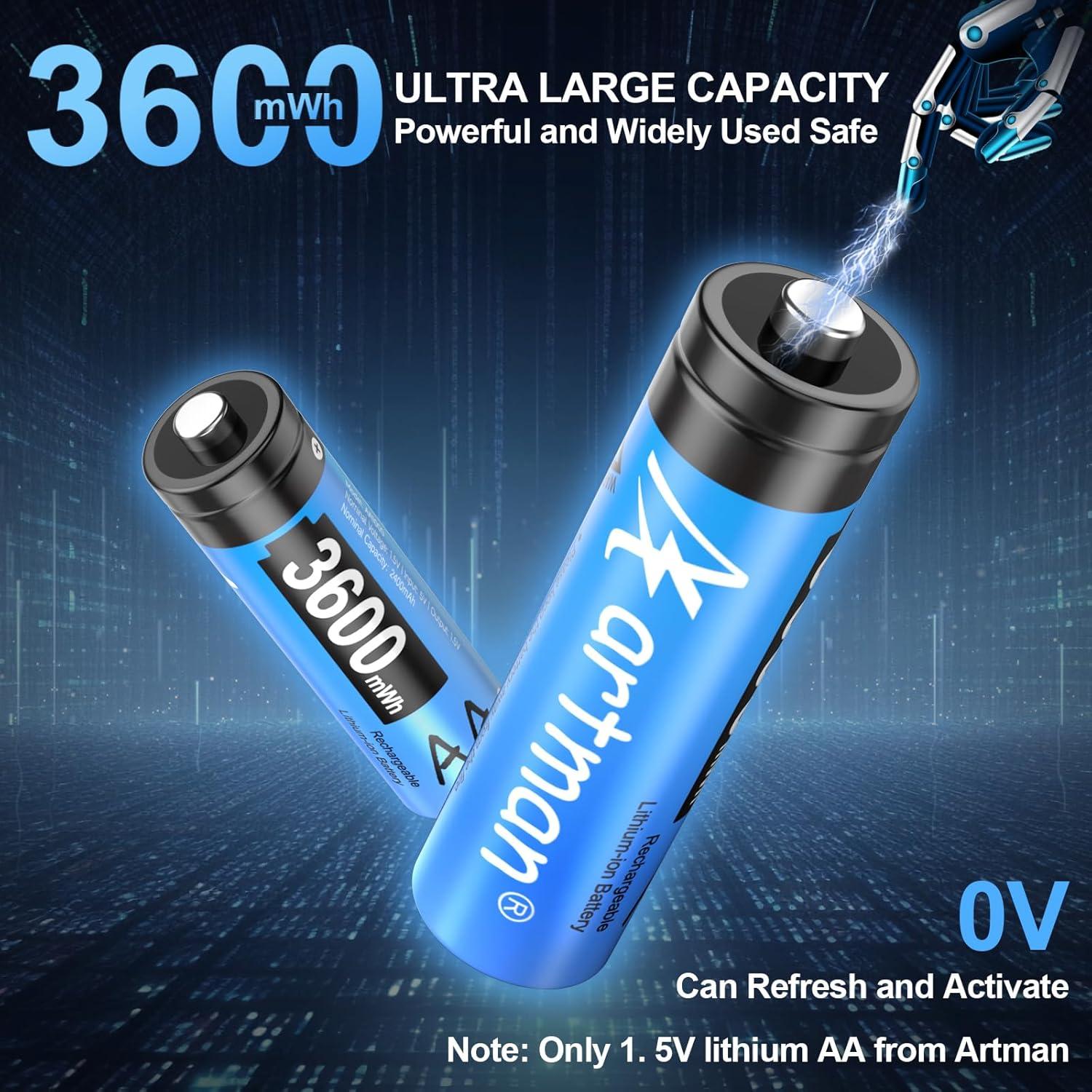 Baterías Recargables AA Artman 3600mWh Cargador USB-C 8 Pzas