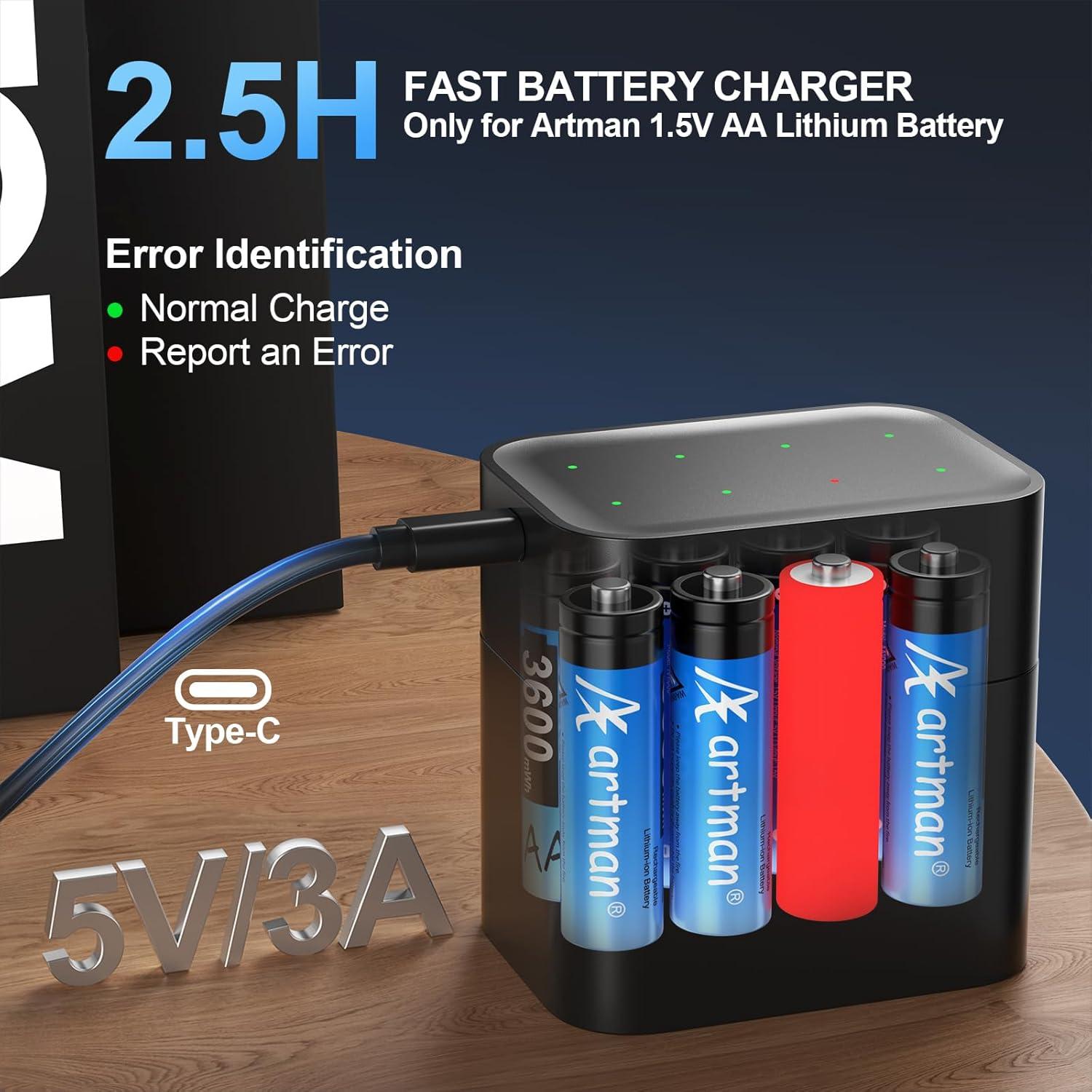 Baterías Recargables AA Artman 3600mWh Cargador USB-C 8 Pzas