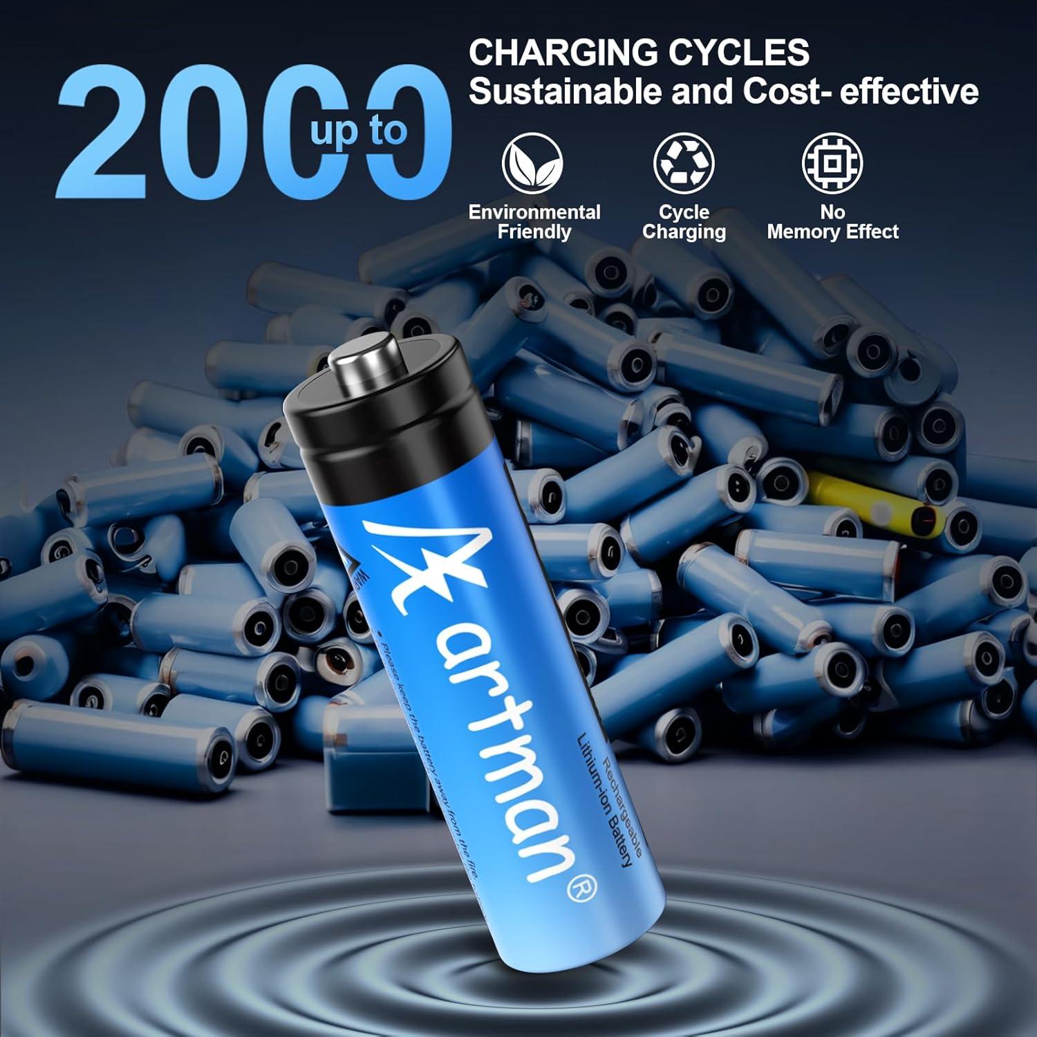 Baterías Recargables AA Artman 3600mWh Cargador USB-C 8 Pzas