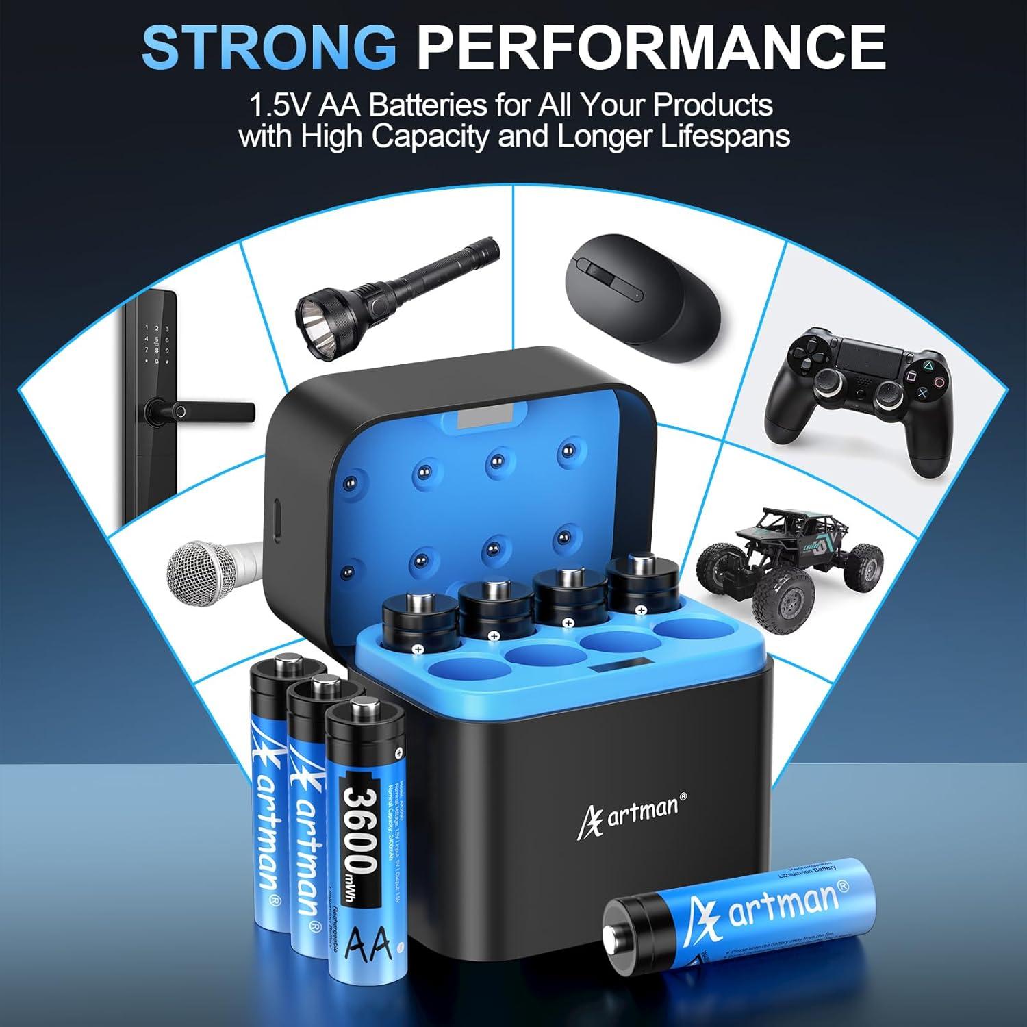 Baterías Recargables AA Artman 3600mWh Cargador USB-C 8 Pzas