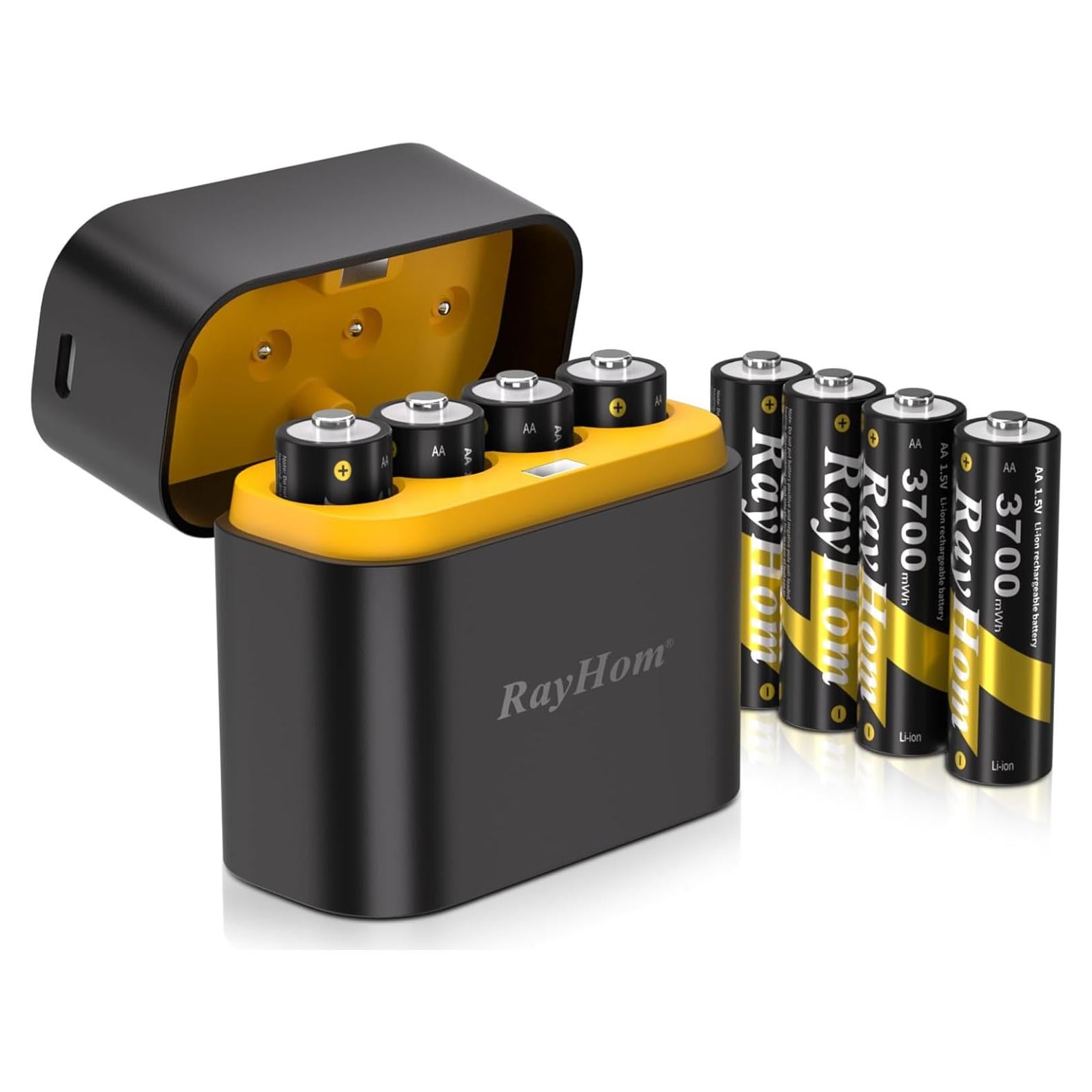 Baterías AA Recargables RayHom 3700mWh + Cargador 4 Ranuras