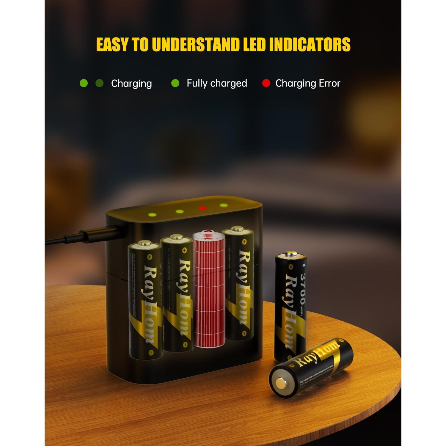 Baterías AA Recargables RayHom 3700mWh + Cargador 4 Ranuras