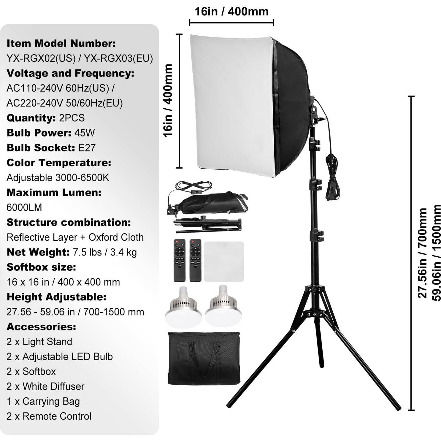Happybuy Softbox Lighting Kit, 16" x 16", Professional Softbox with 45W LED Bulbs, 3000-6500K Adjustable Color Temperature, Tripod Stand, Remote Control, Studio Lights for Portraits & Live Streaming