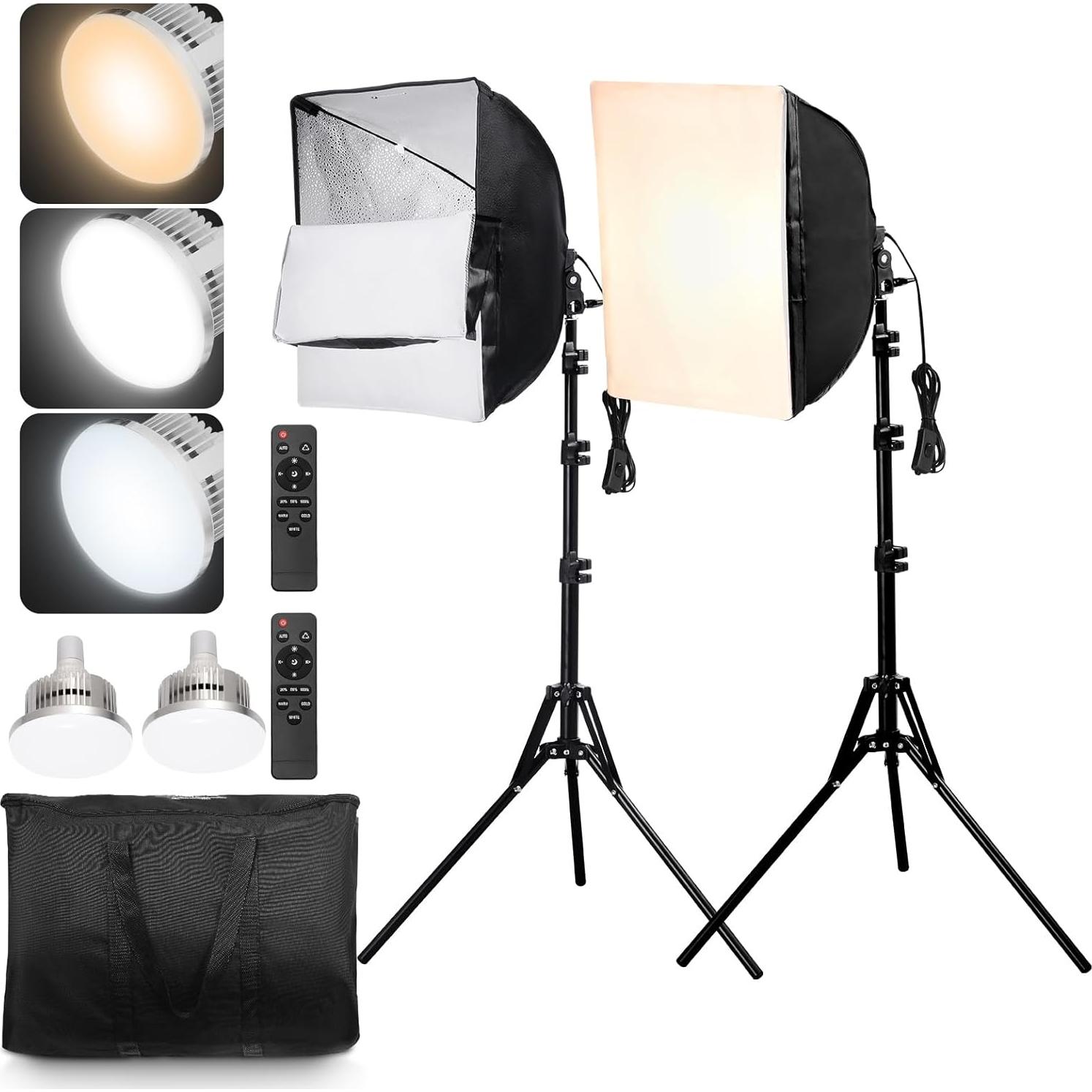 Happybuy Softbox Lighting Kit, 16" x 16", Professional Softbox with 45W LED Bulbs, 3000-6500K Adjustable Color Temperature, Tripod Stand, Remote Control, Studio Lights for Portraits & Live Streaming