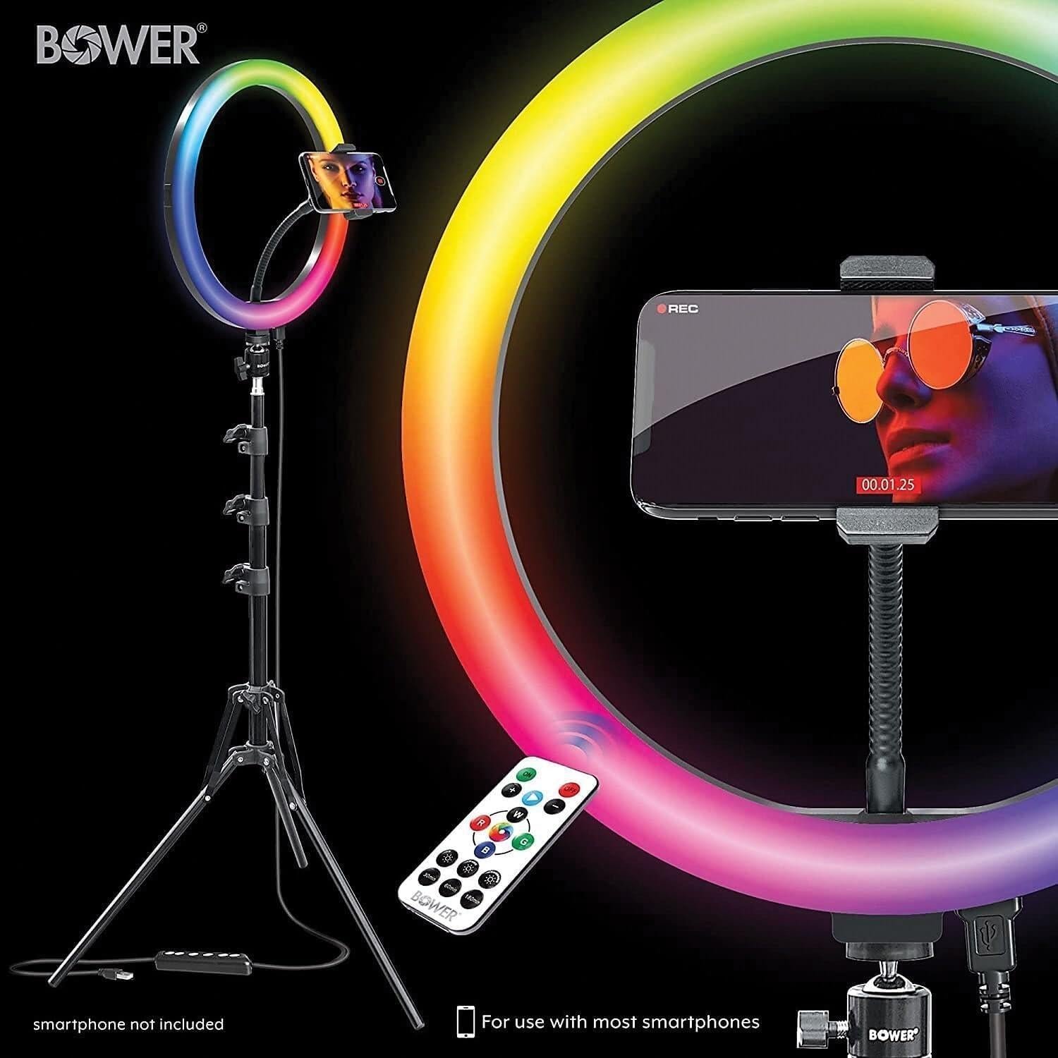 Kit de Luz de Anillo LED RGB Bower 12" - Brillo Ajustable, 9 Modos RGB