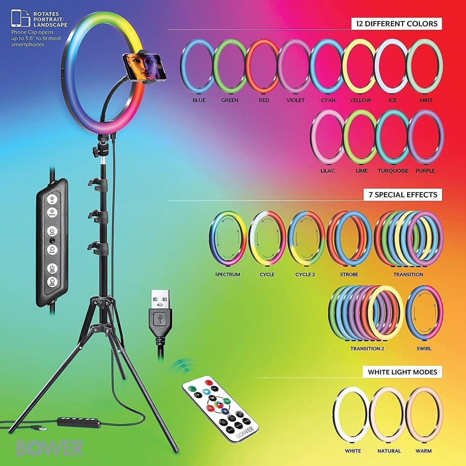 Kit de Luz de Anillo LED RGB Bower 12" - Brillo Ajustable, 9 Modos RGB