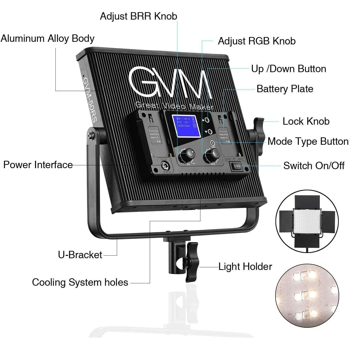Luz de Video RGB GVM 50RS 50W con Control APP y Soporte Ajustable