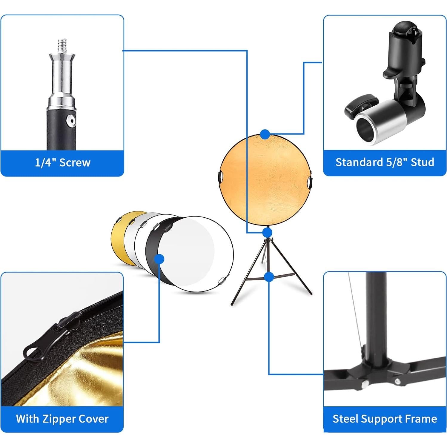 Selens Handle Round Reflector Stand Kit for Photography, 32" 5-in-1 Collapsible Lighting With 6.5ft Light Stand, Carry Bag and Clamp for Portrait Studio Shoot